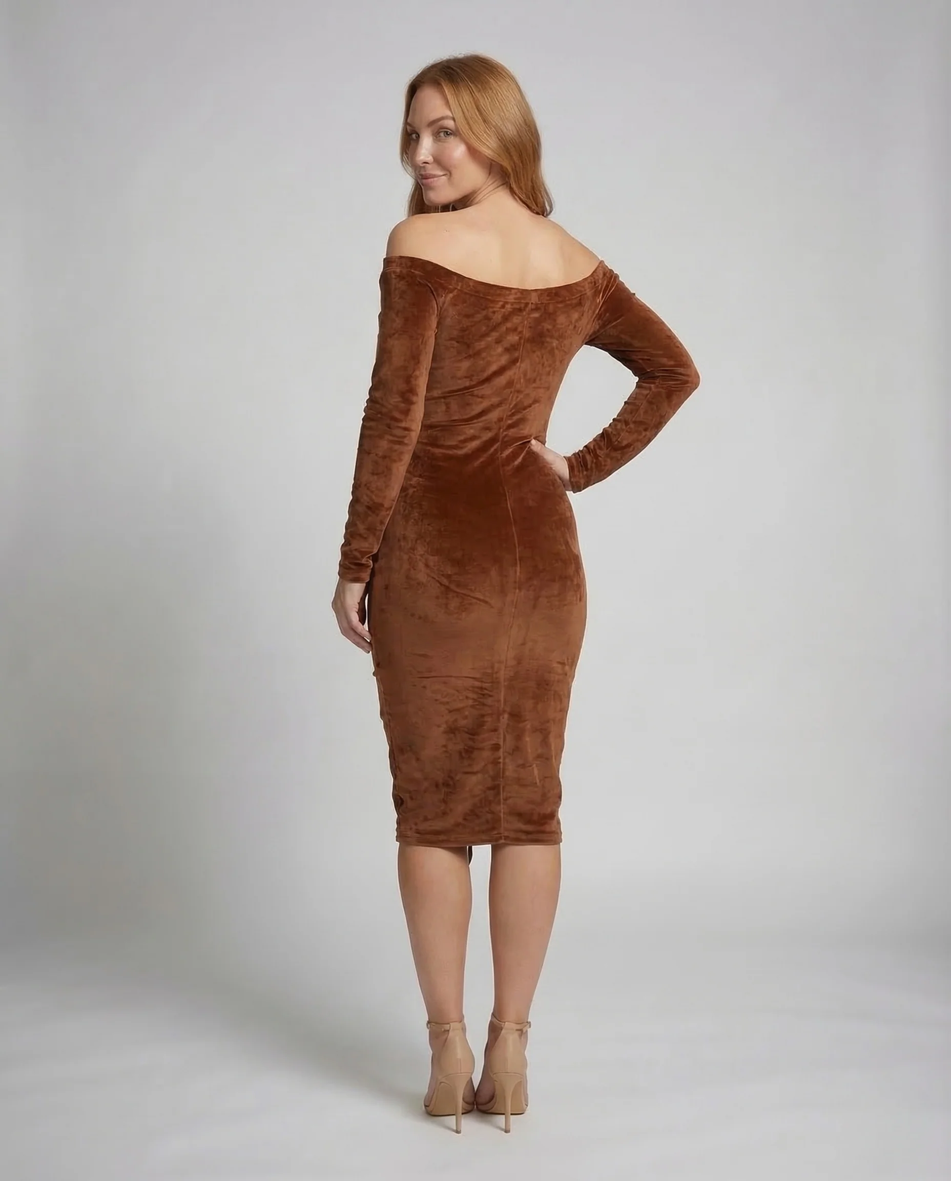 Damen Midikleid Schulterfrei Raffung - Image 4