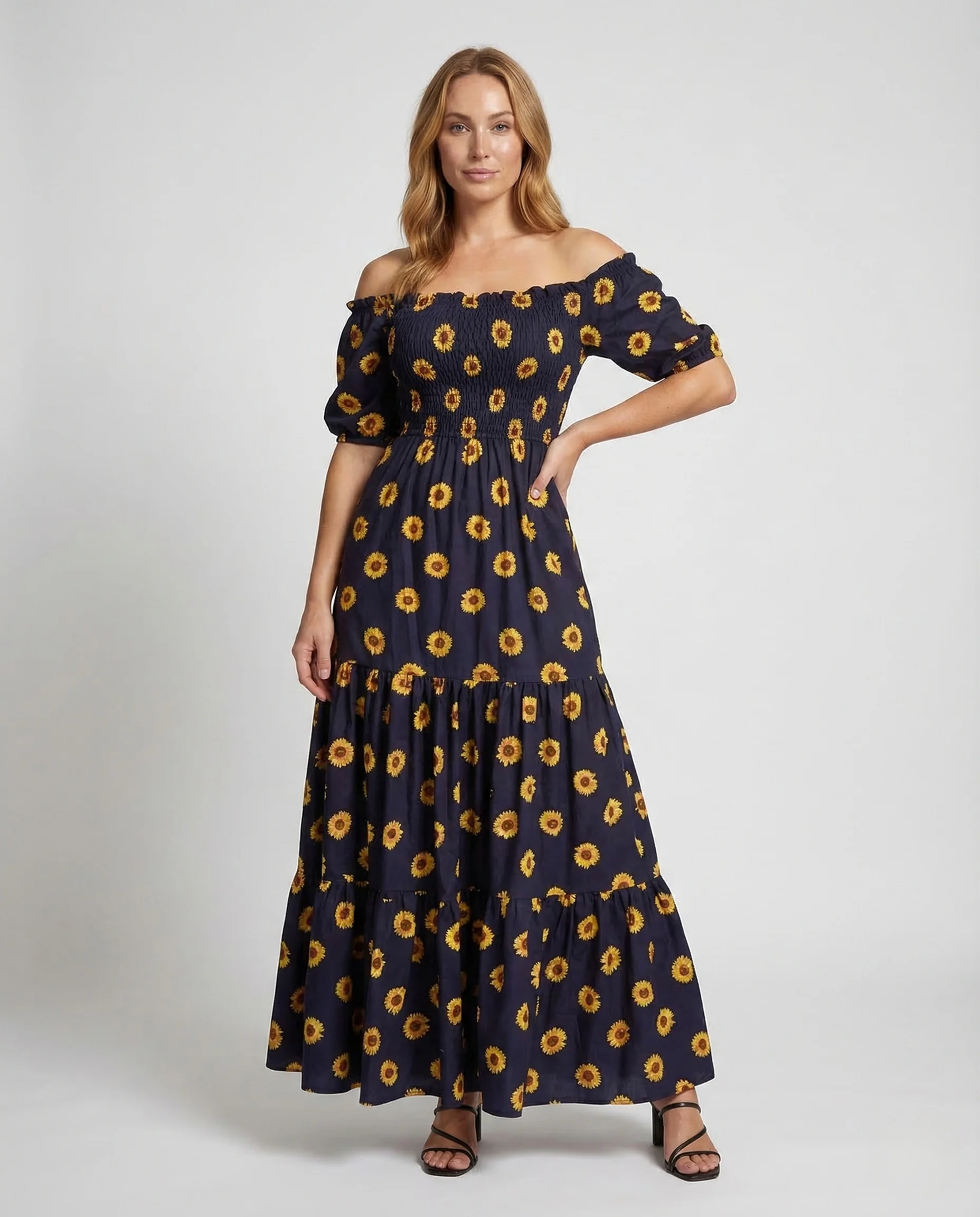 Damen Maxikleid Schulterfrei Smokoberteil