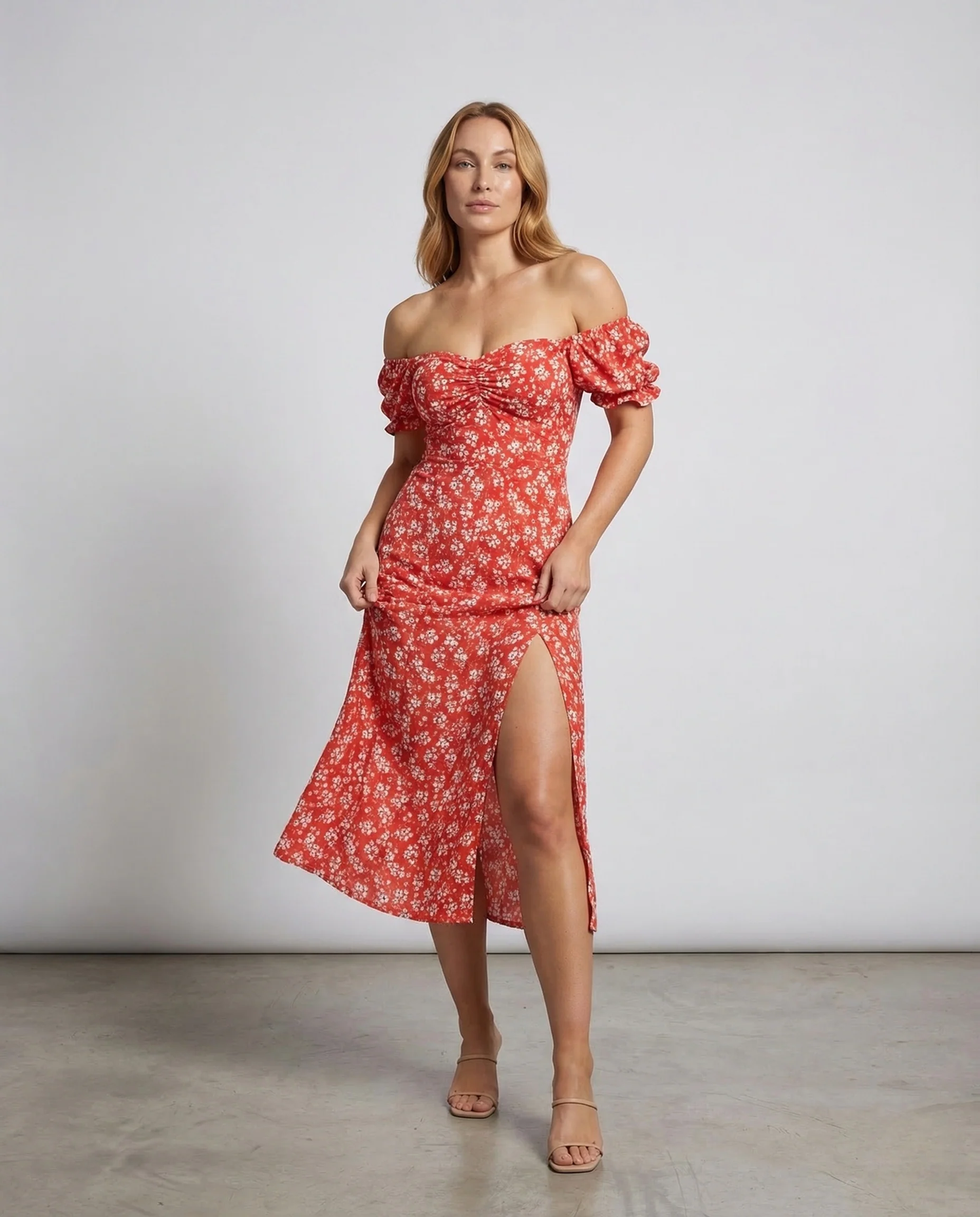 Damen Midikleid Schulterfrei Puffärmel Schlitz