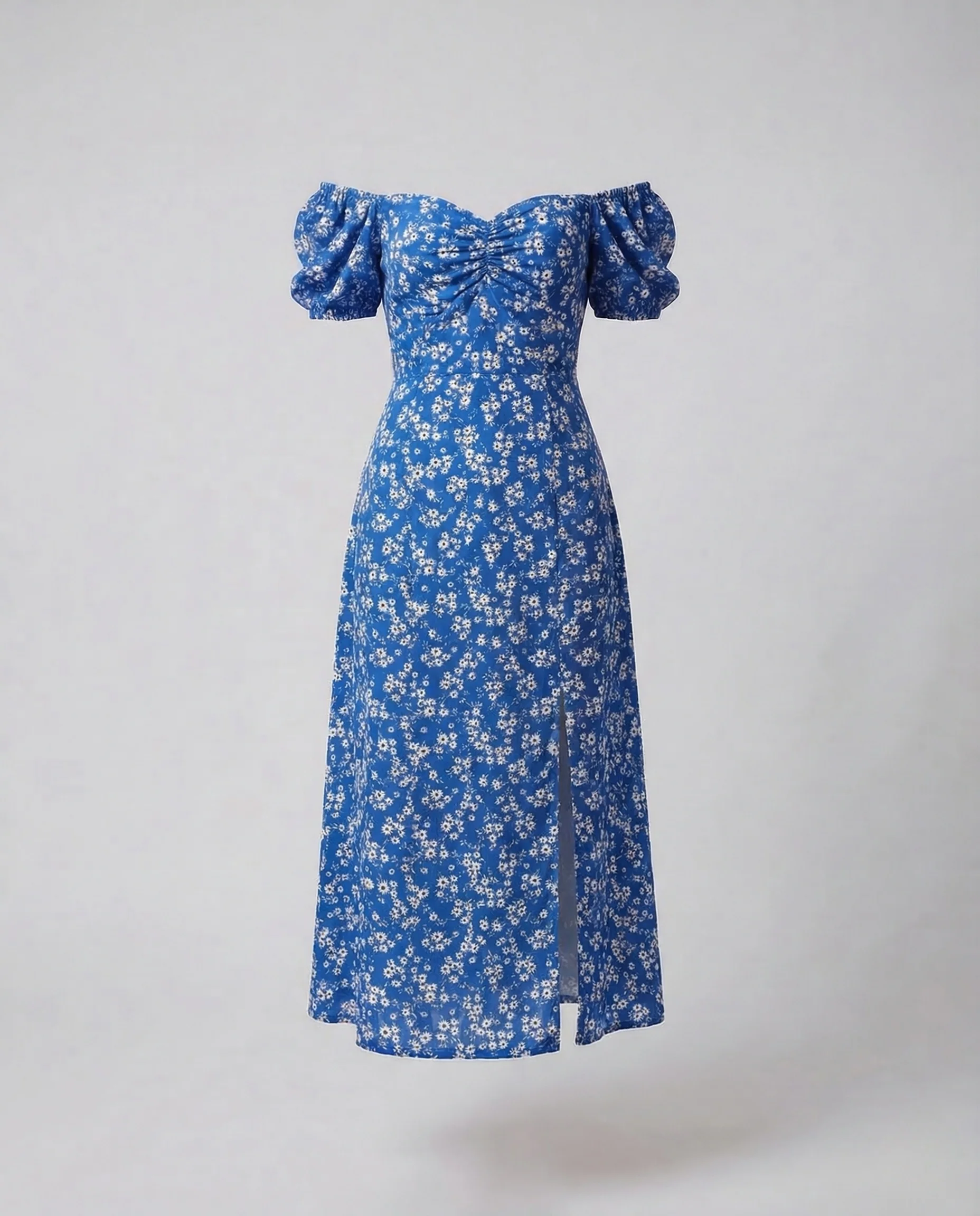 Damen Midikleid Schulterfrei Puffärmel Schlitz - Image 6
