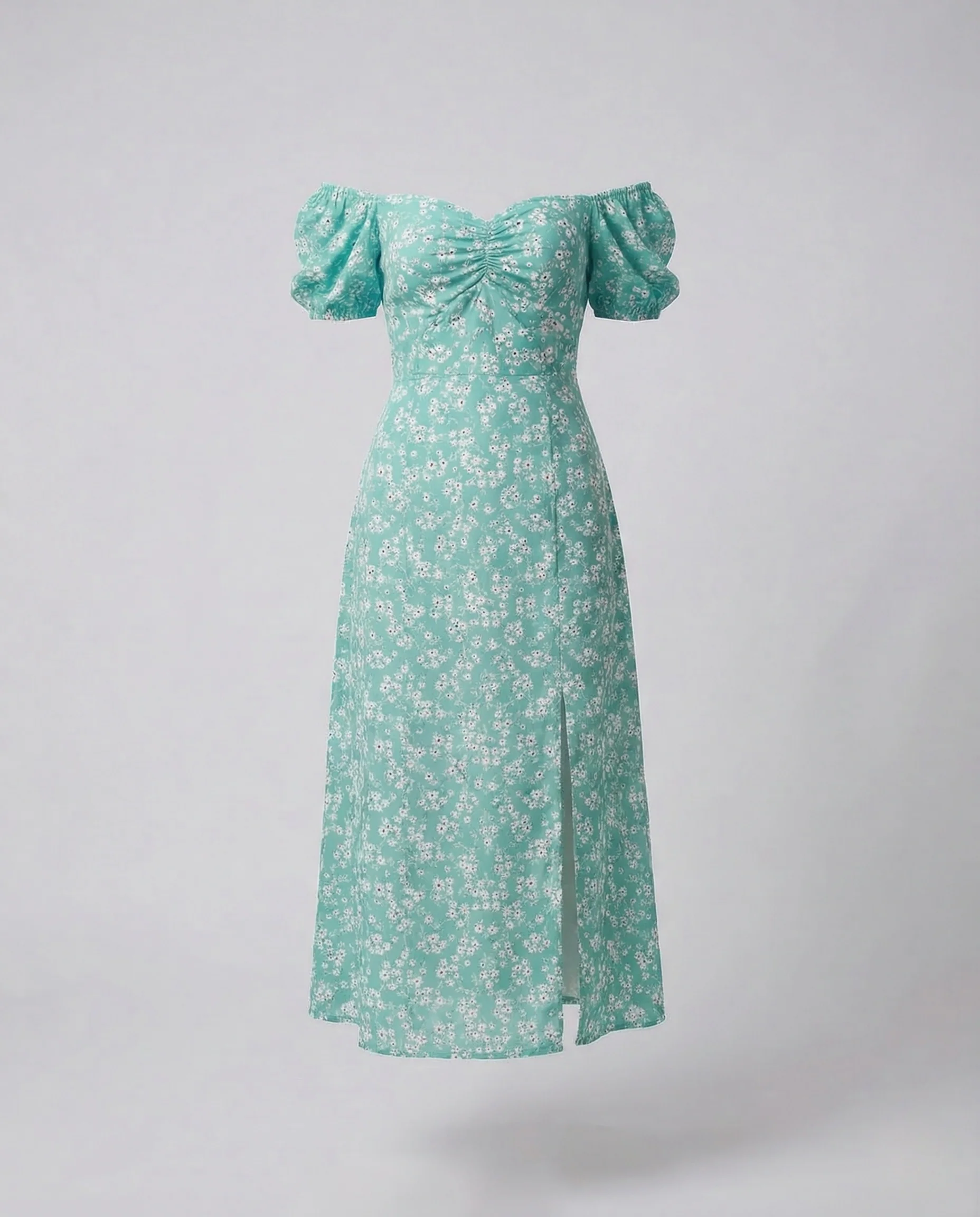 Damen Midikleid Schulterfrei Puffärmel Schlitz - Image 7