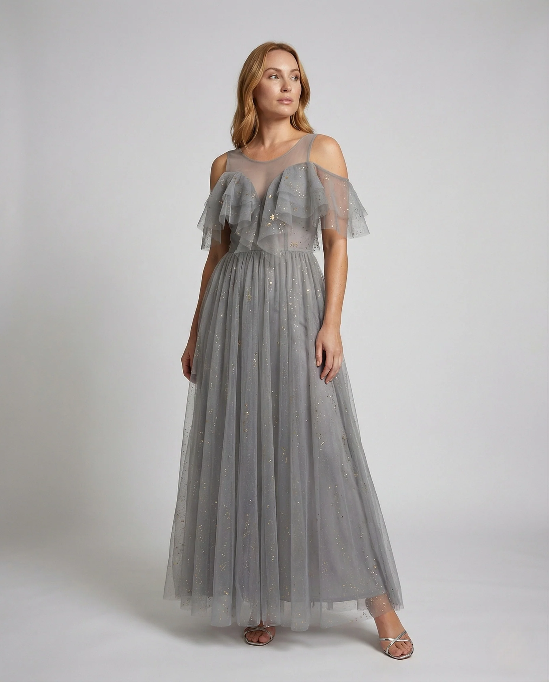 Damen Schulterfreies Tüll Abendkleid mit Glitzer