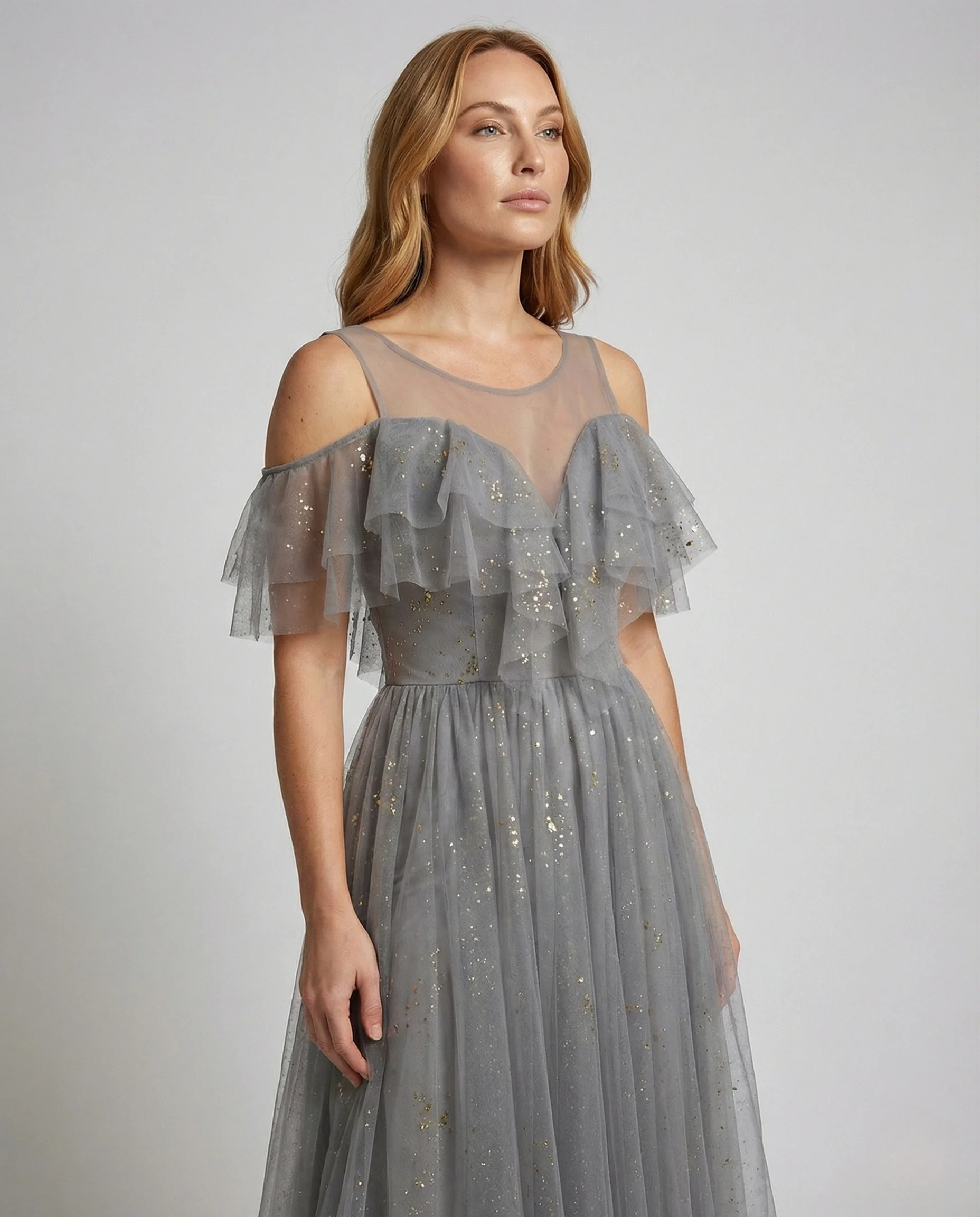 Damen Schulterfreies Tüll Abendkleid mit Glitzer - Image 2