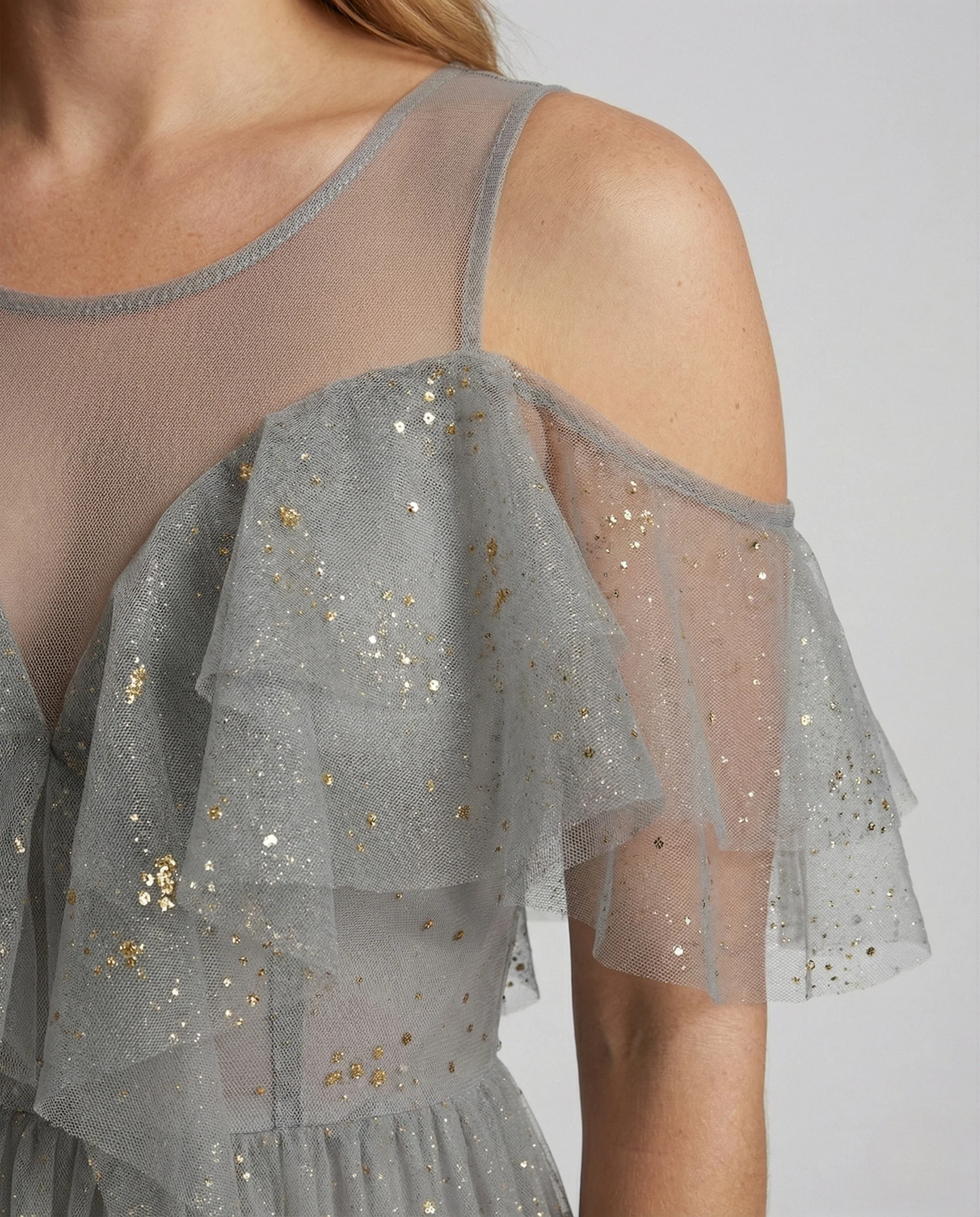Damen Schulterfreies Tüll Abendkleid mit Glitzer - Image 3