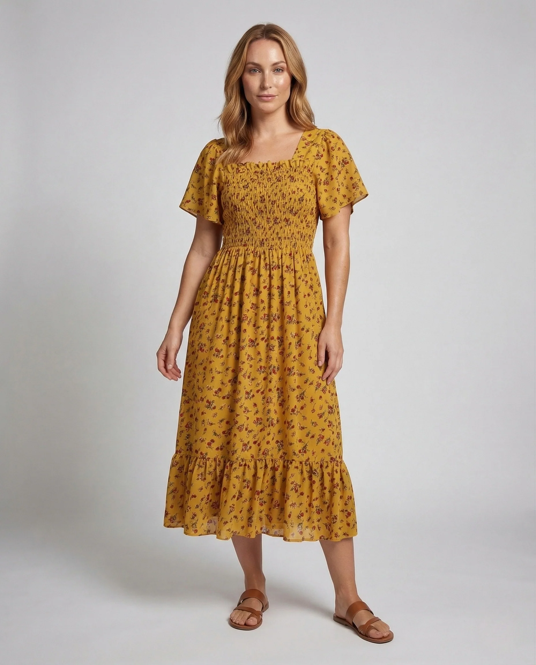 Damen Sommerkleid mit Smokoberteil Puffärmel Volantrock