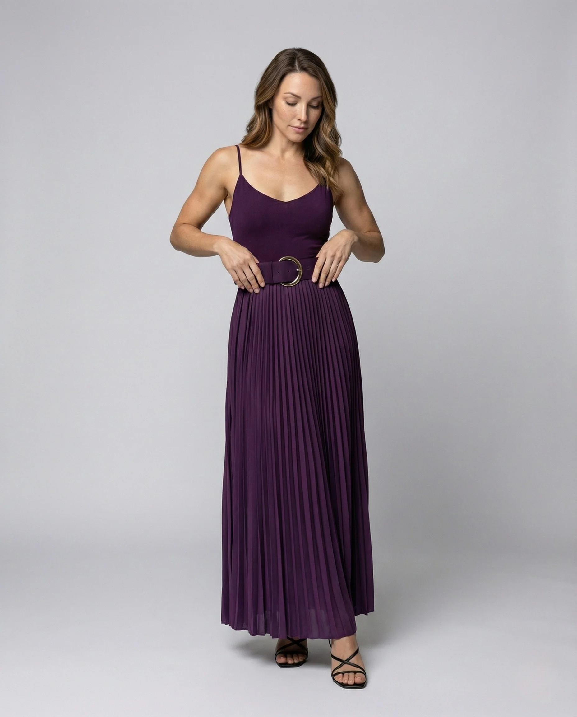 Damen Spaghettiträger Maxikleid mit Plisseerock