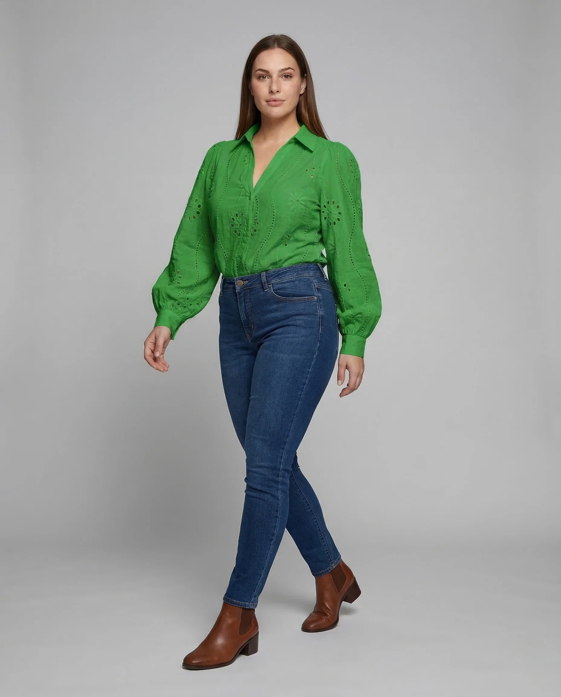 Damen Spitzenbluse Lochstickerei Ballonärmel