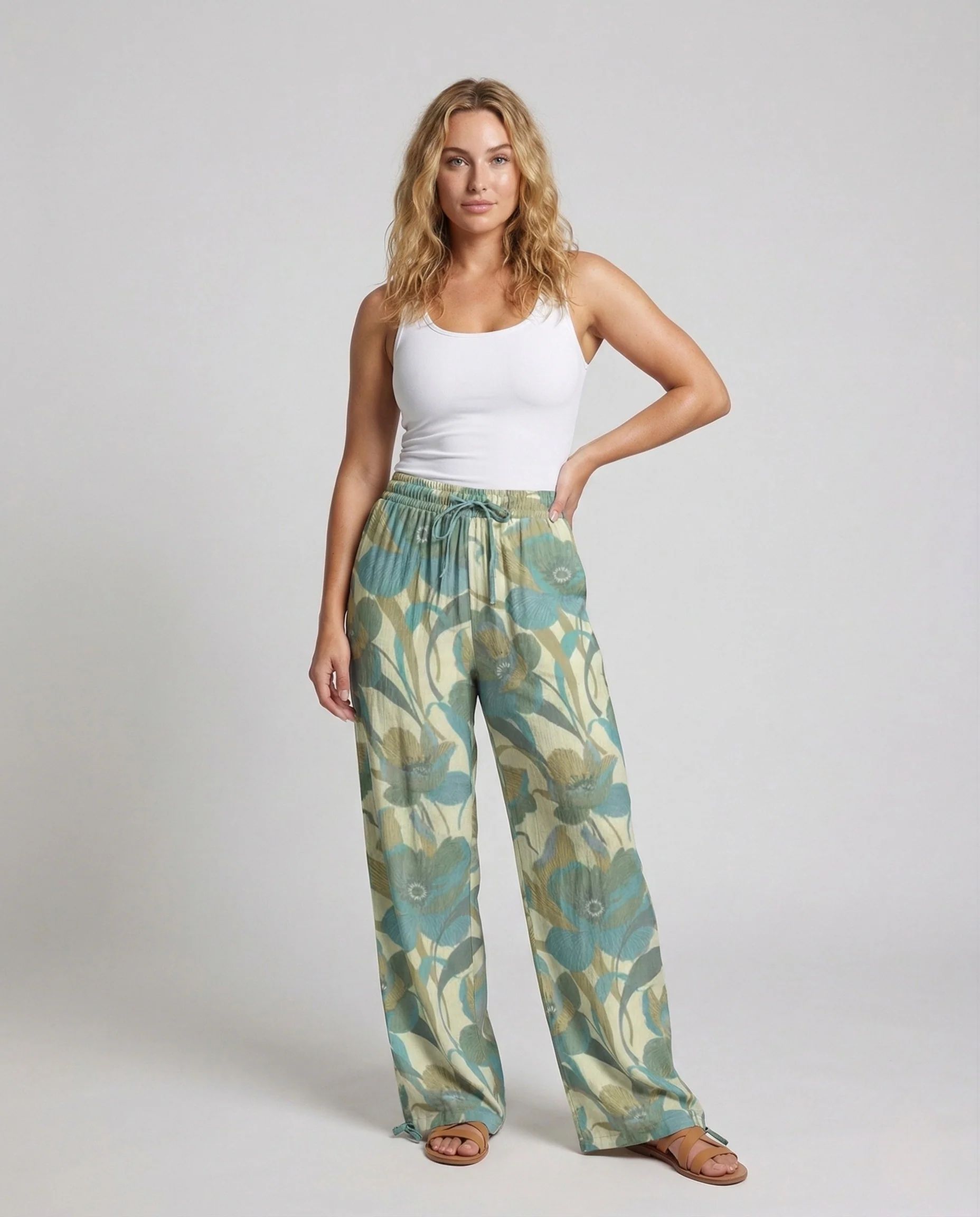 Damen Leinenhose Weit Elastischer Bund Kordelzug