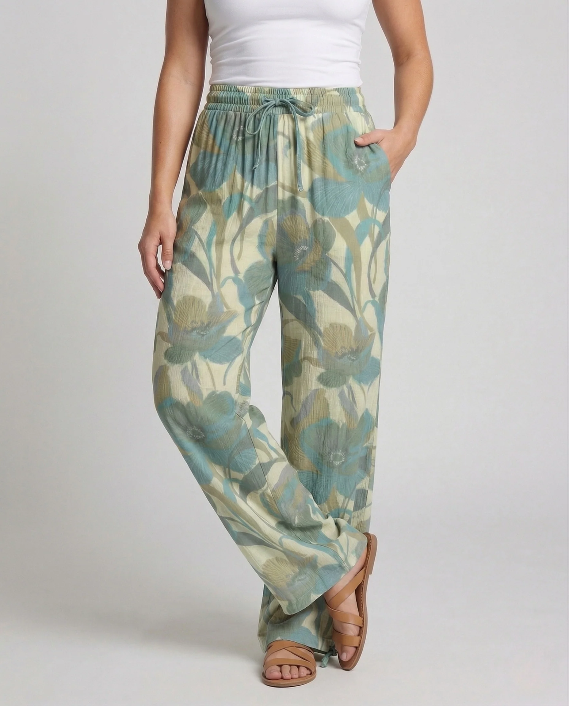 Damen Leinenhose Weit Elastischer Bund Kordelzug - Image 2