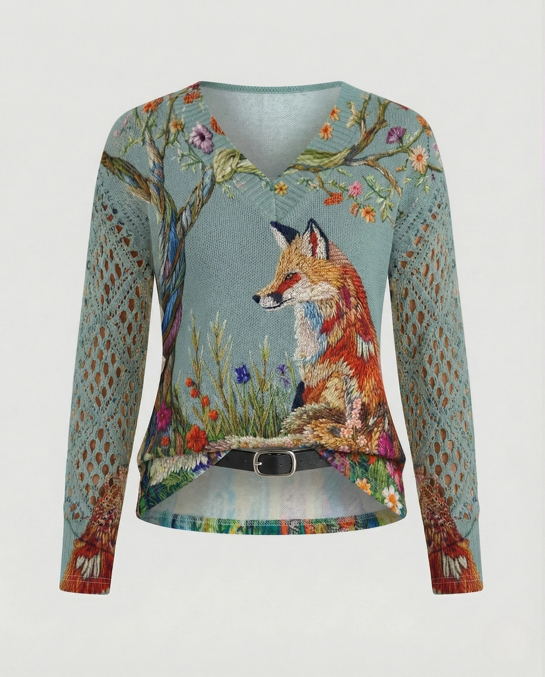 Strickpullover Damen V-Ausschnitt Floral - Image 5