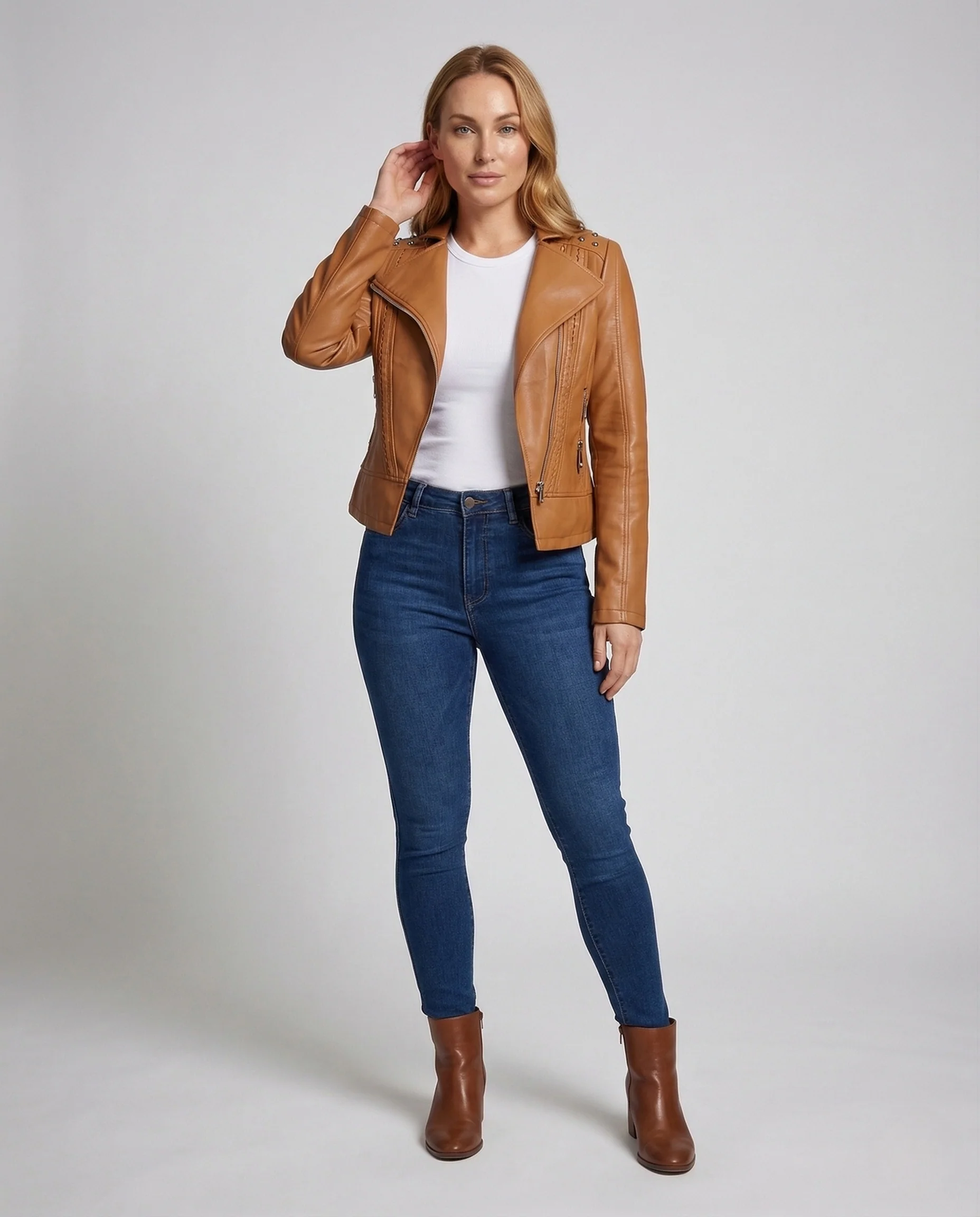 Damen Bikerjacke Lederimitat Nieten