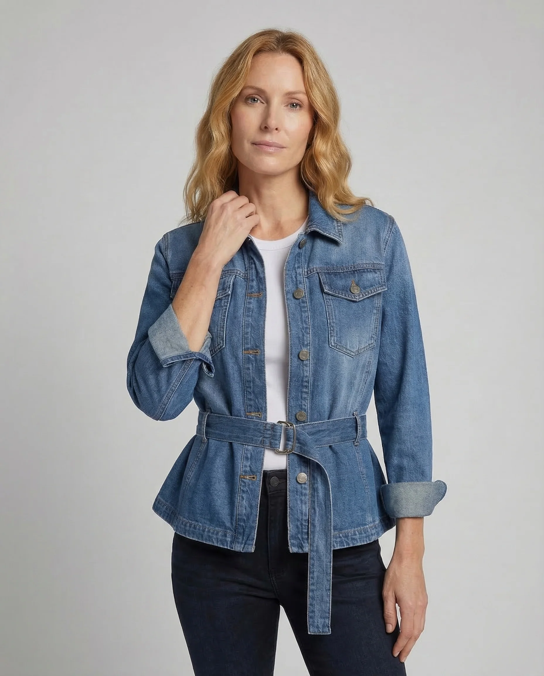 Damen Jeansjacke Tailliert Gürtel - Image 2