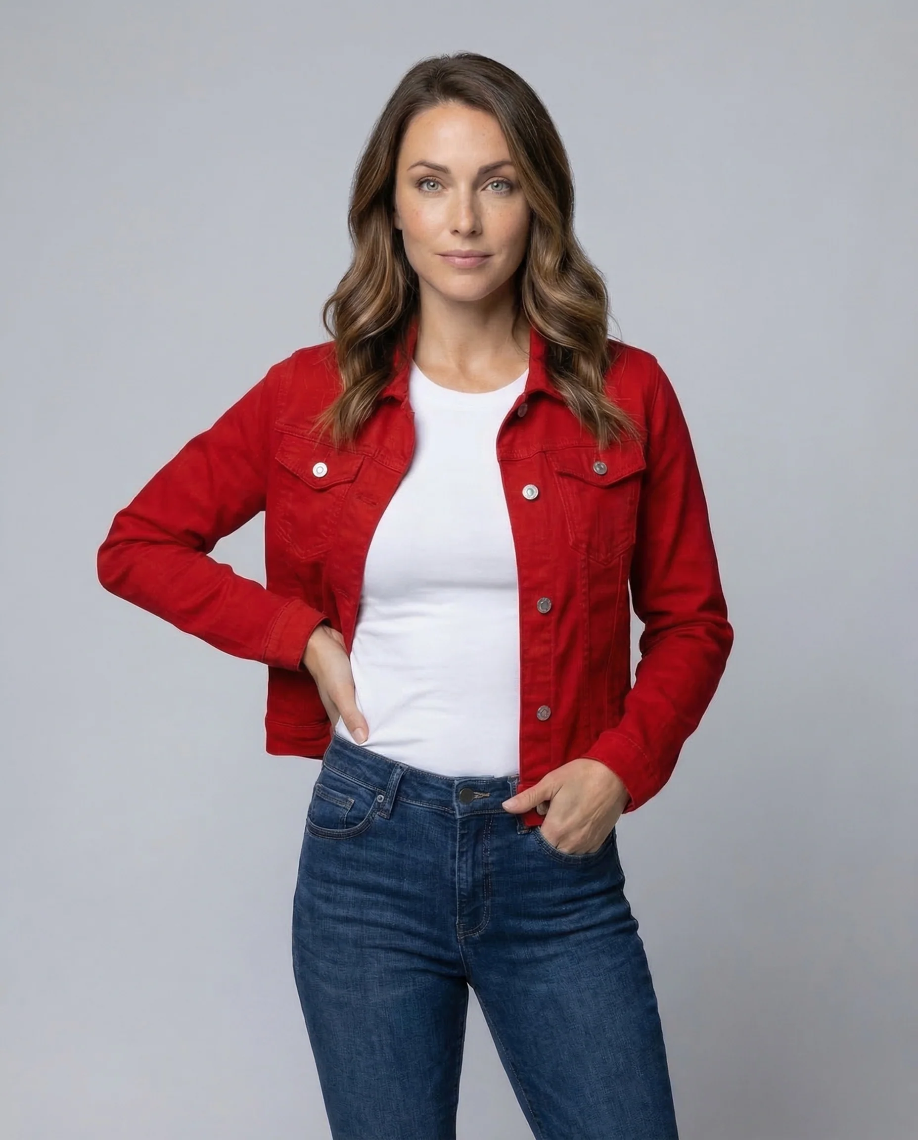 Damen Jeansjacke Tailliert Brusttaschen - Image 2