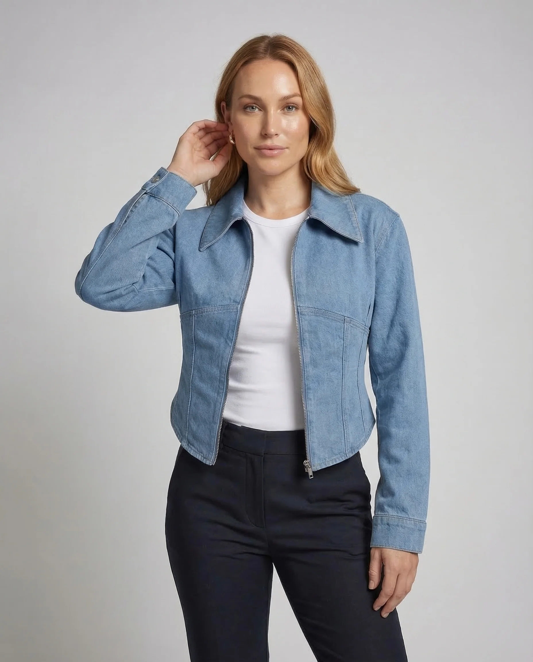 Damen Jeansjacke tailliert mit Reißverschluss - Image 2