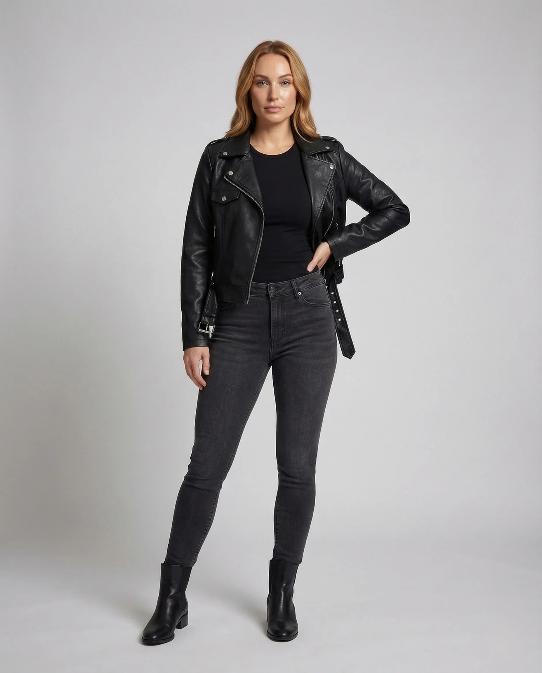 Damen Kunstleder Bikerjacke Schnallenbund