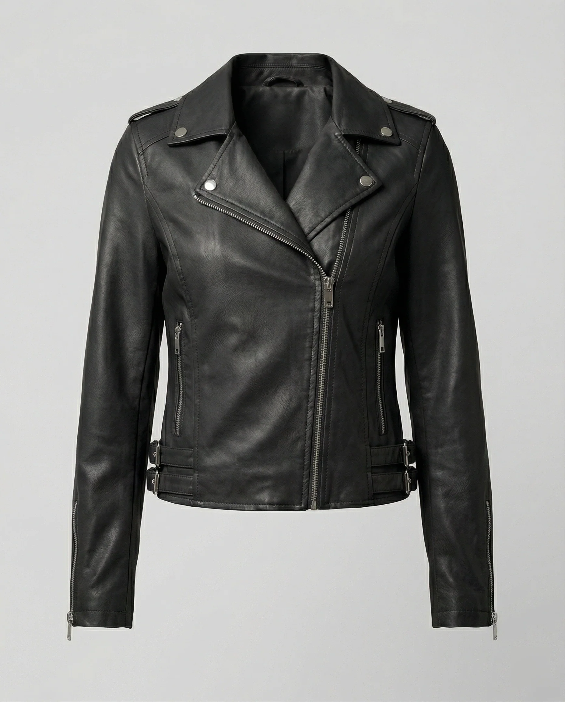 Damen taillierte Kunstleder-Bikerjacke mit asymmetrischem Reißverschluss und Reverskragen Heidi-Mode - Image 5