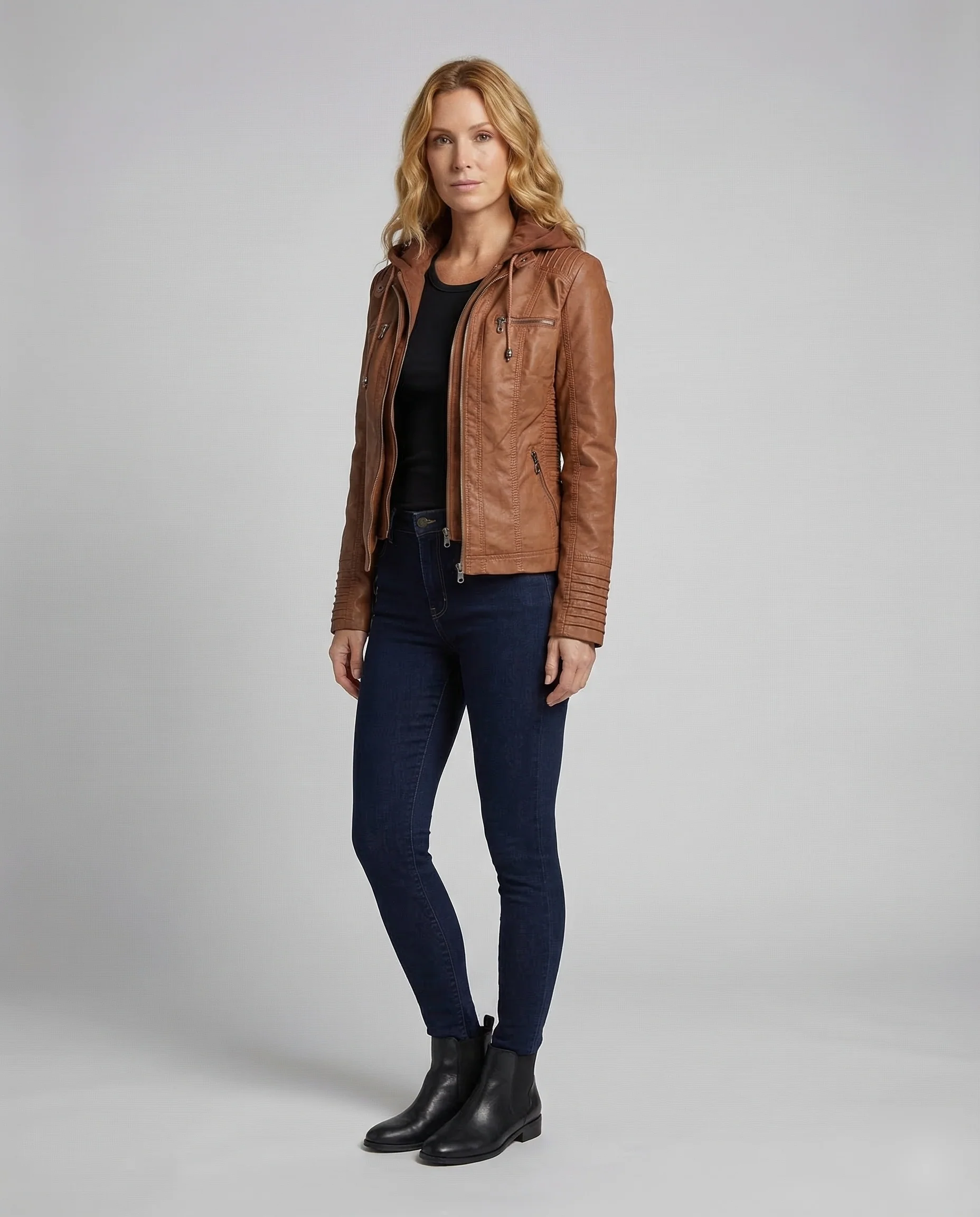 Damen Kunstleder Bikerjacke Kapuze