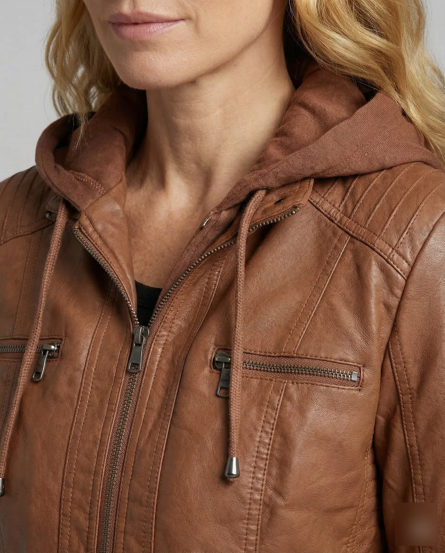 Damen Kunstleder Bikerjacke Kapuze - Image 3