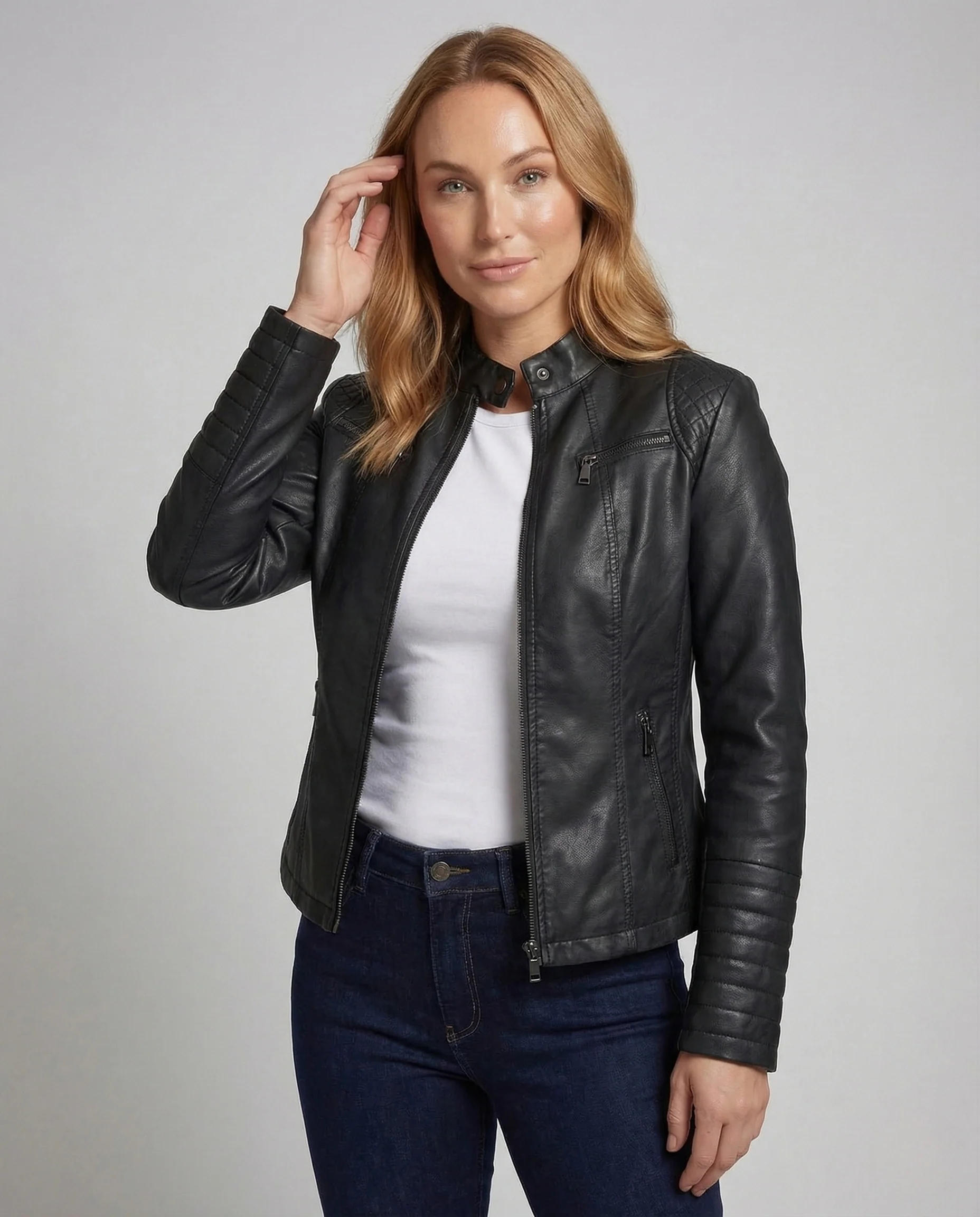 Damen Kunstleder Bikerjacke Steppärmel - Image 2