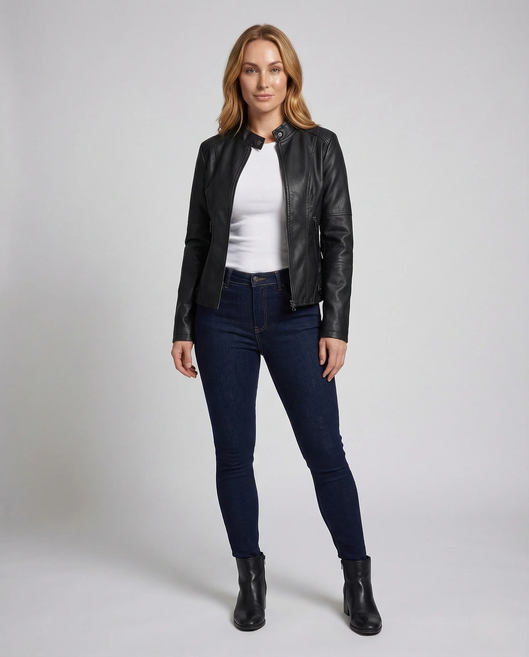 Damen Kunstleder Bikerjacke Stehkragen