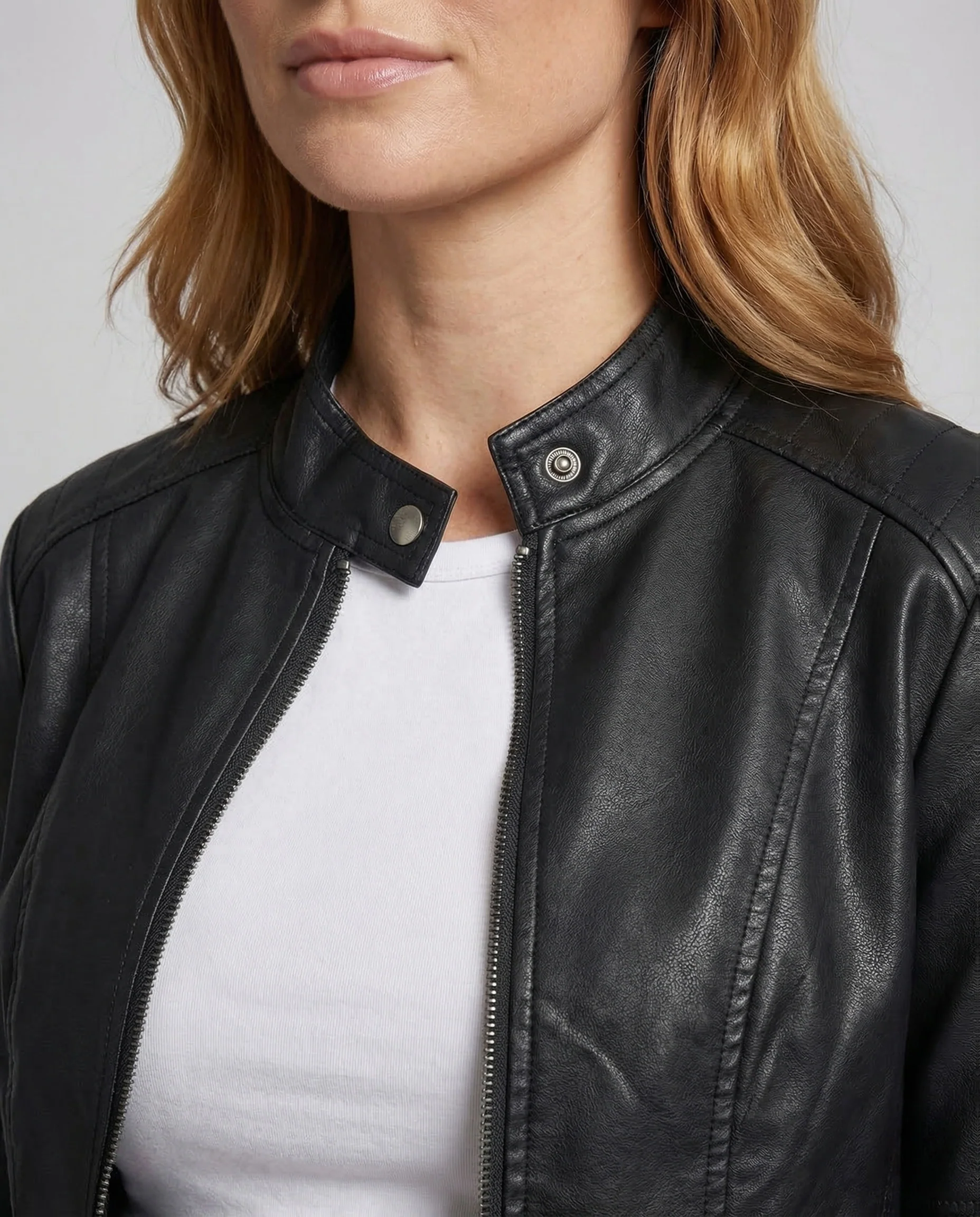 Damen Kunstleder Bikerjacke Stehkragen - Image 3