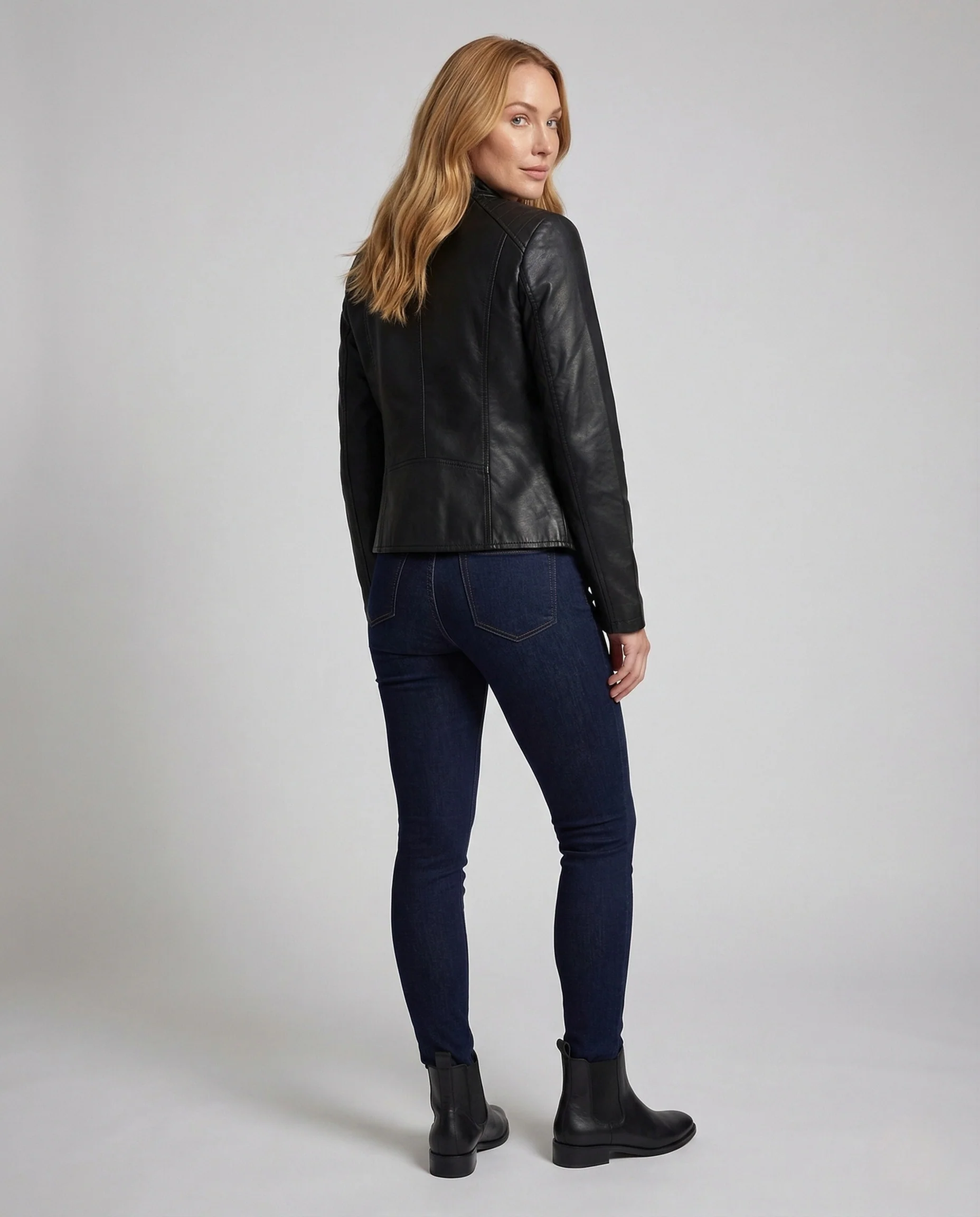 Damen Kunstleder Bikerjacke Stehkragen - Image 4