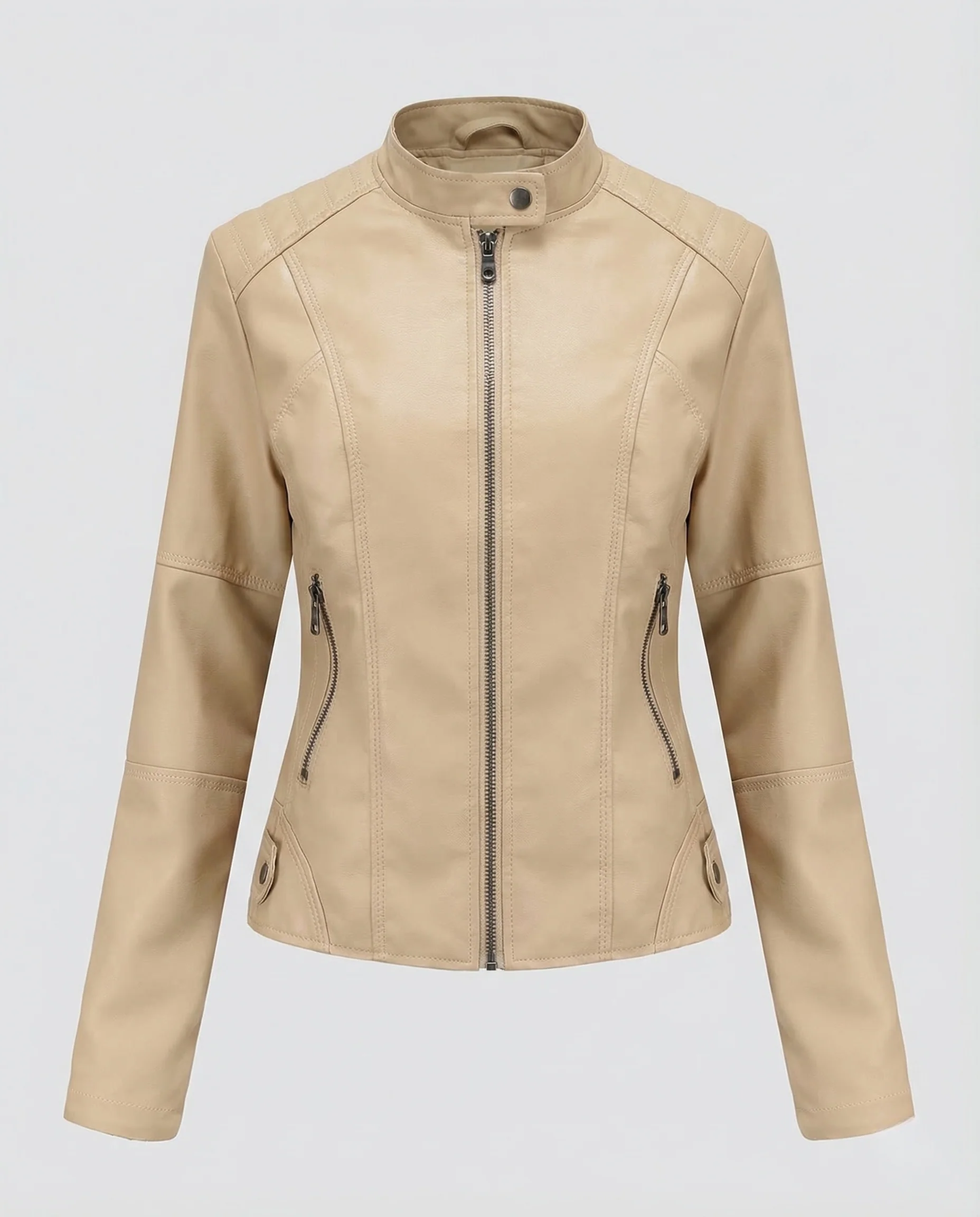 Damen Kunstleder Bikerjacke Stehkragen - Image 5