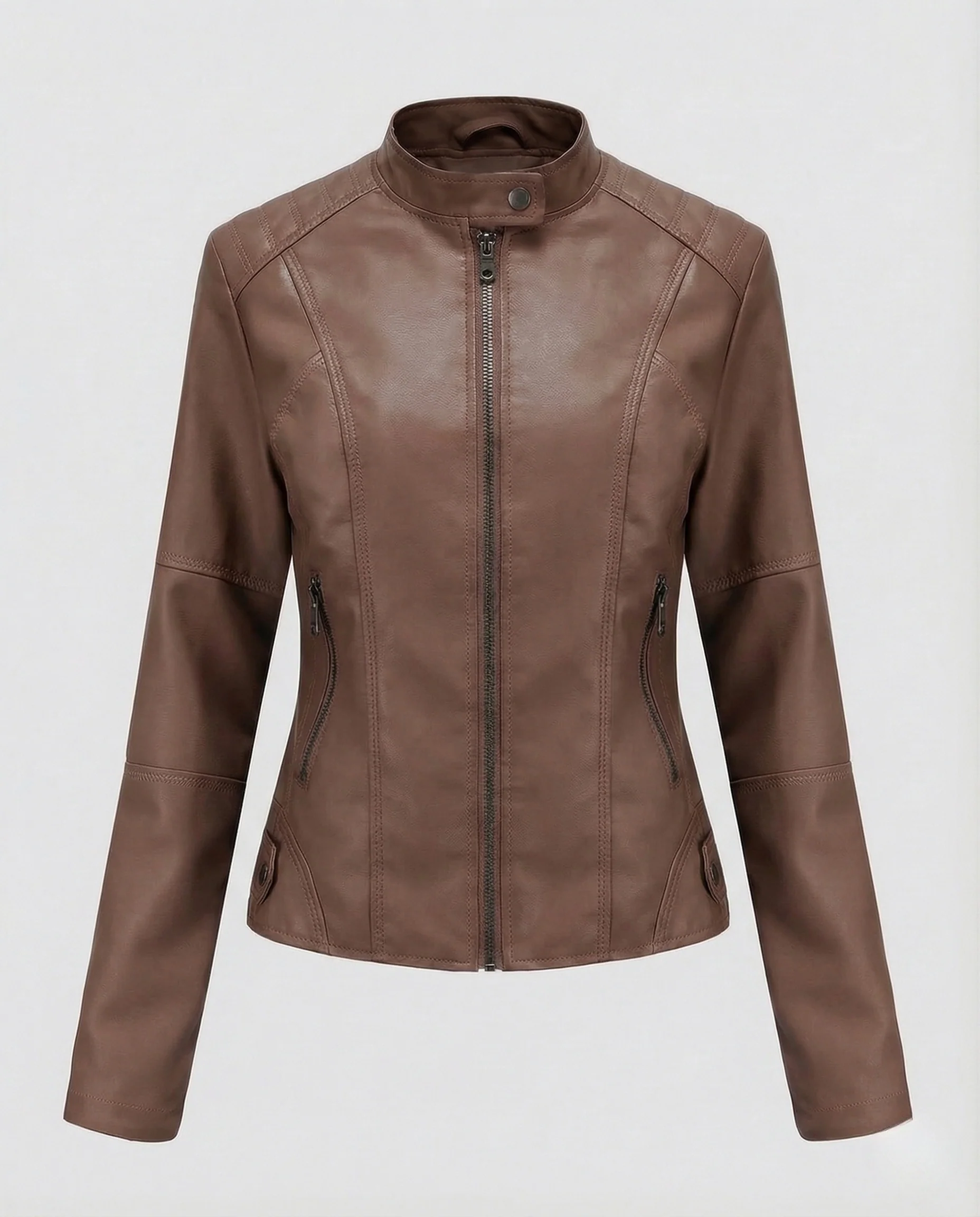 Damen Kunstleder Bikerjacke Stehkragen - Image 6