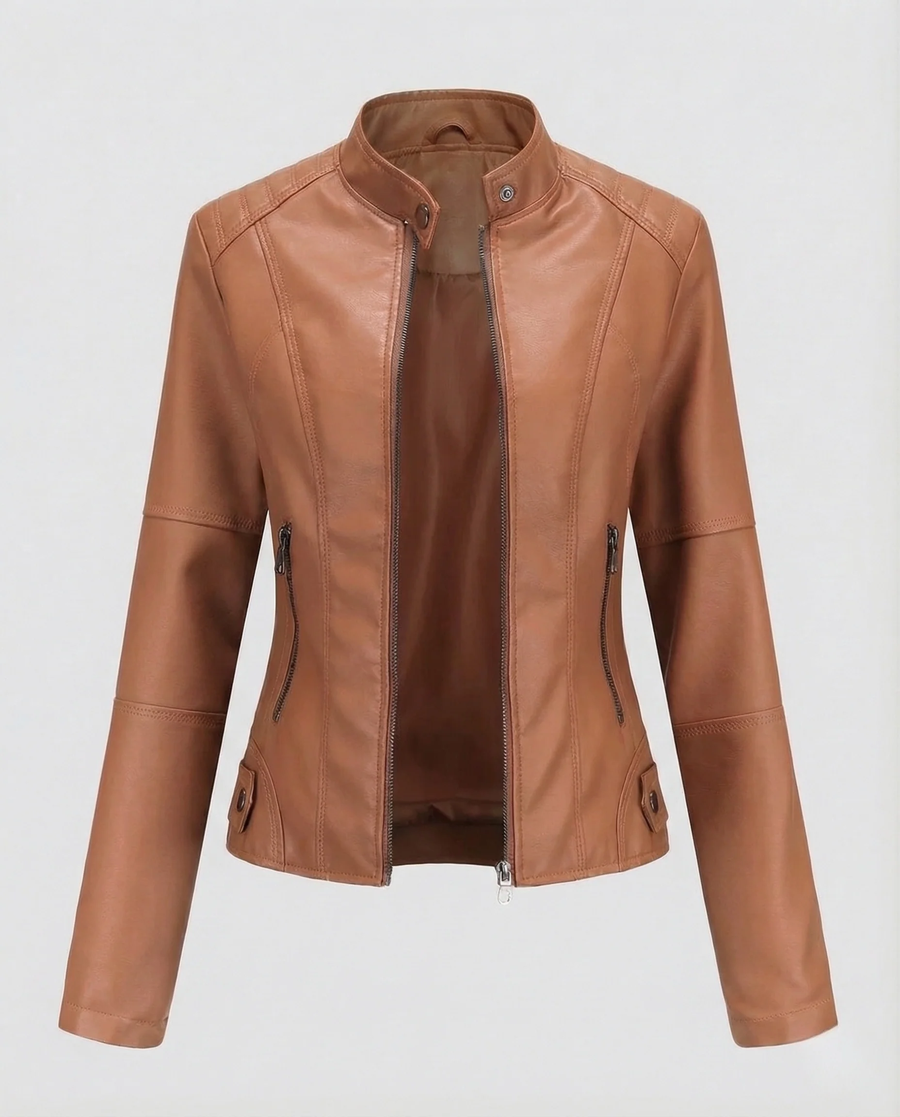Damen Kunstleder Bikerjacke Stehkragen - Image 7