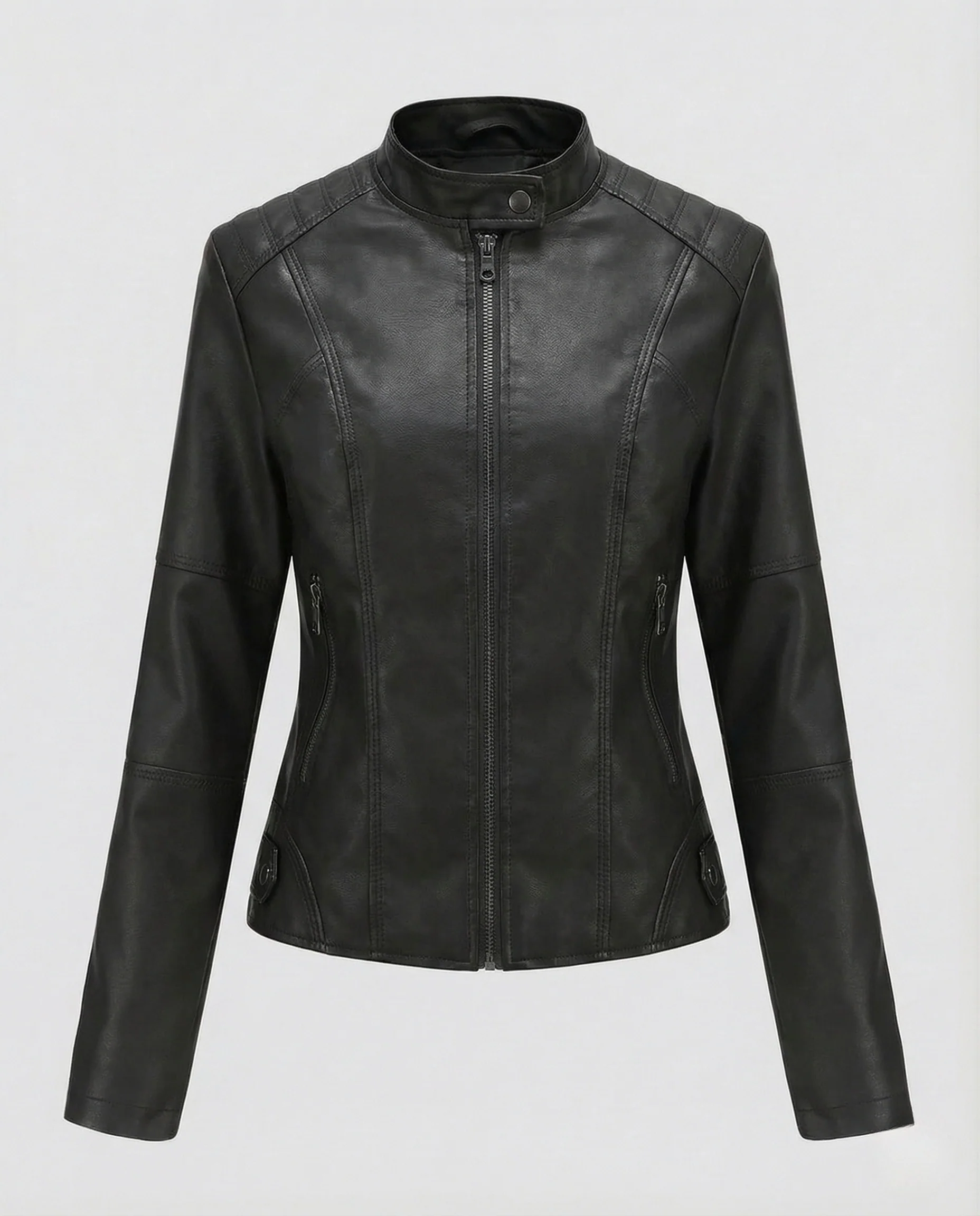 Damen Kunstleder Bikerjacke Stehkragen - Image 9