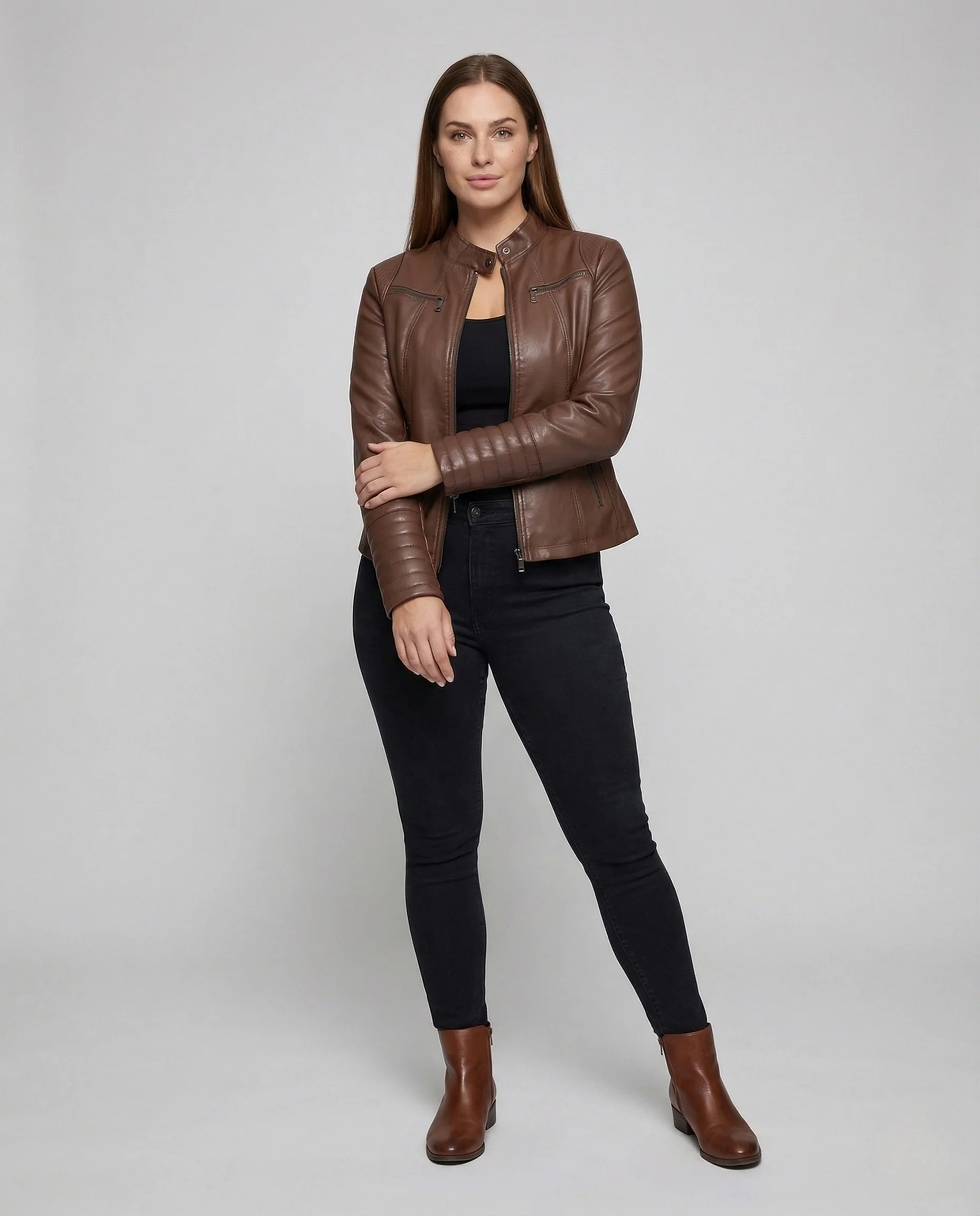 Damen Kunstleder Bikerjacke Tailliert Steppärmel Stehkragen