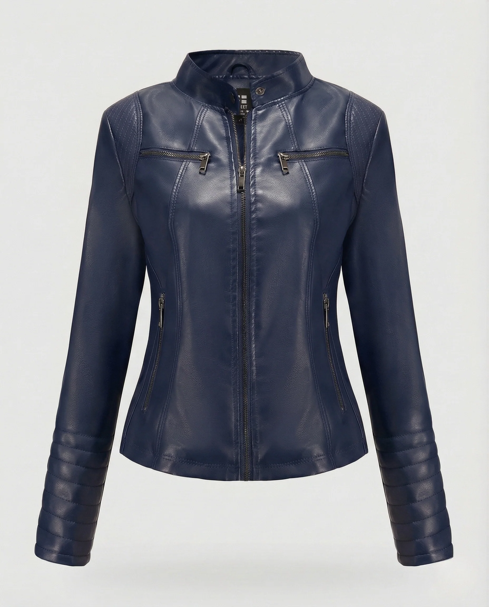 Damen Kunstleder Bikerjacke Tailliert Steppärmel Stehkragen - Image 12