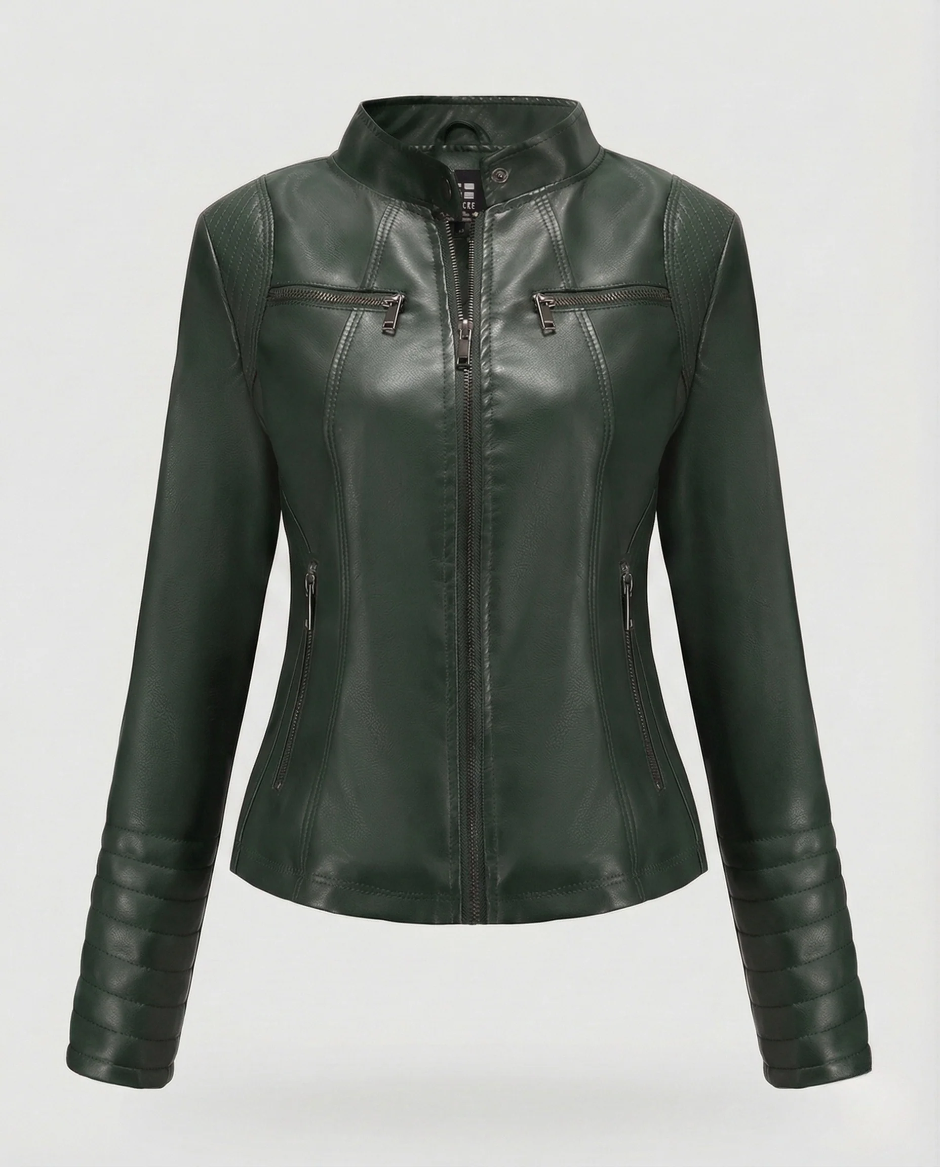 Damen Kunstleder Bikerjacke Tailliert Steppärmel Stehkragen - Image 14