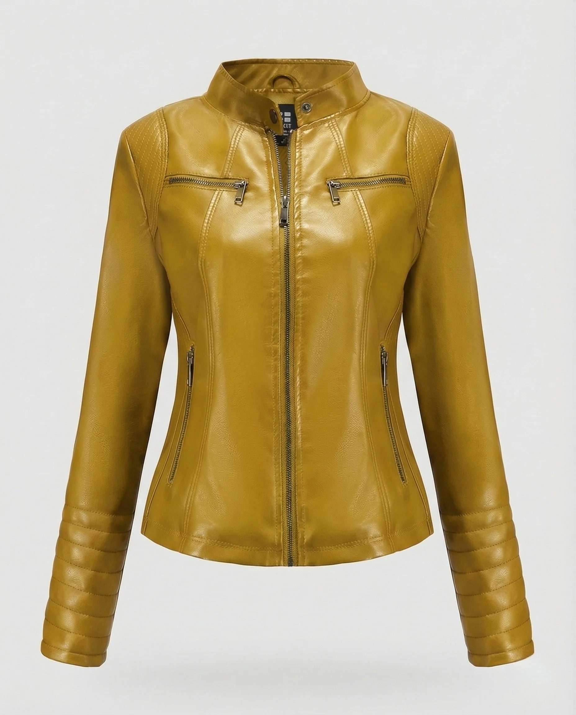 Damen Kunstleder Bikerjacke Tailliert Steppärmel Stehkragen - Image 19