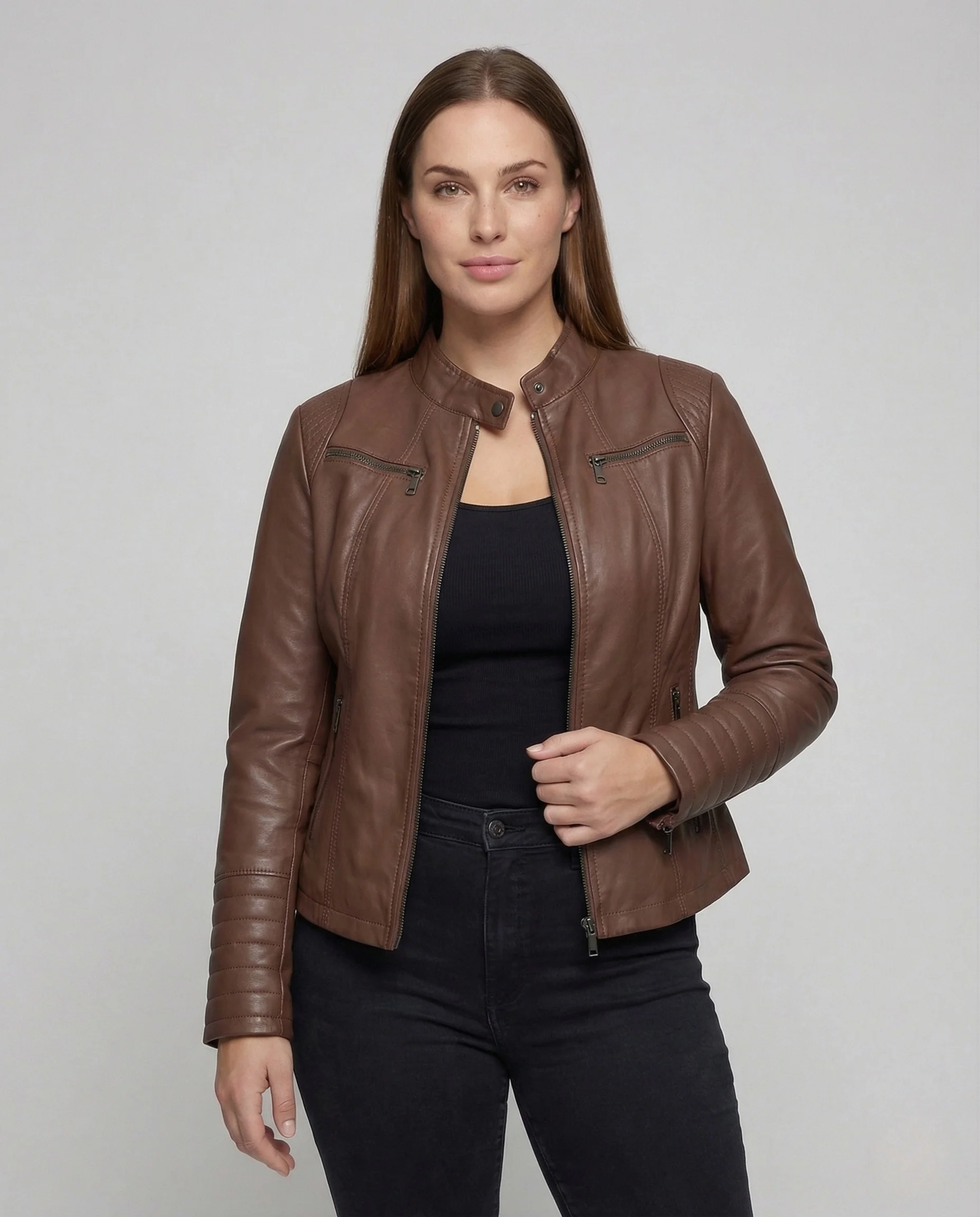 Damen Kunstleder Bikerjacke Tailliert Steppärmel Stehkragen - Image 2