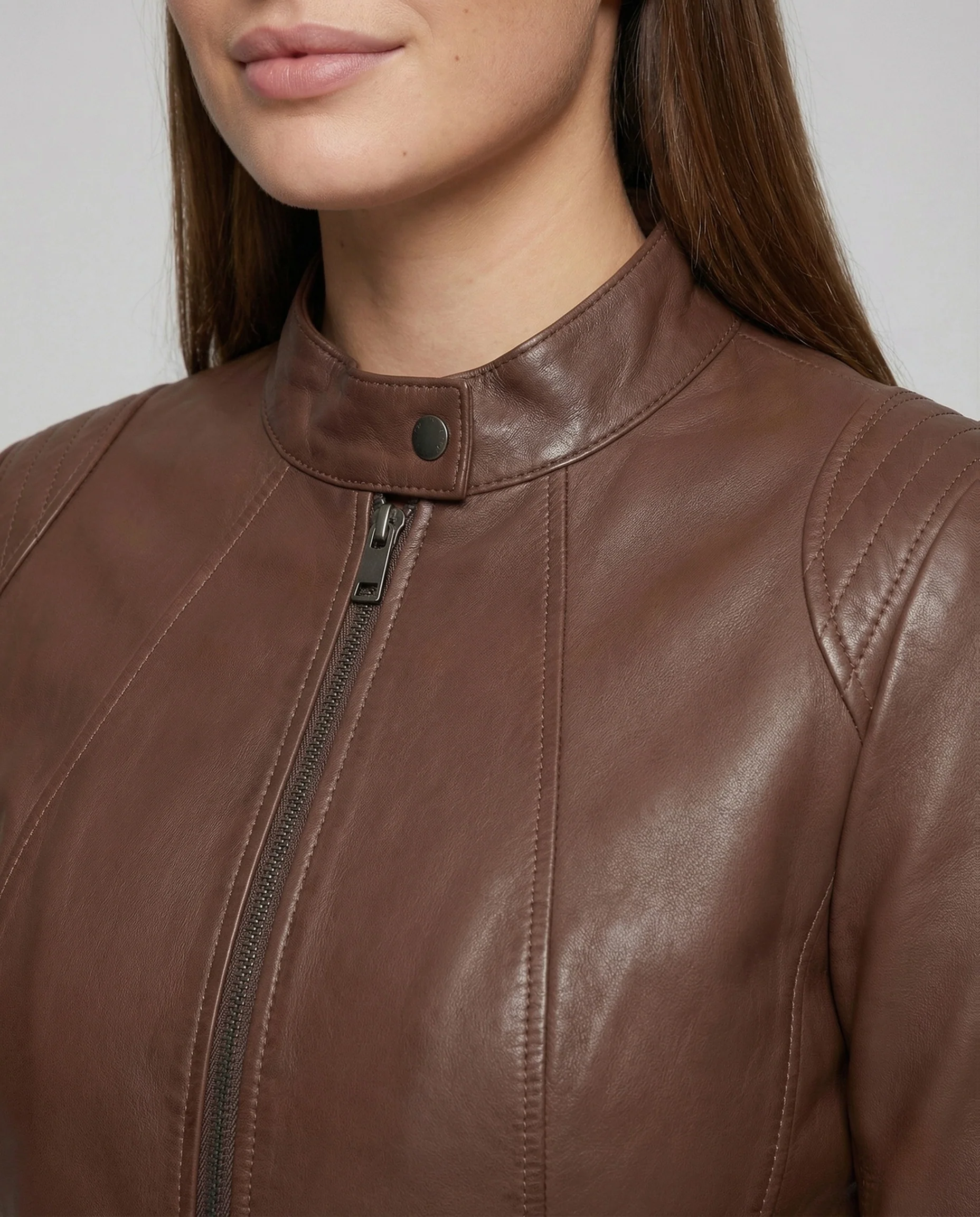 Damen Kunstleder Bikerjacke Tailliert Steppärmel Stehkragen - Image 3