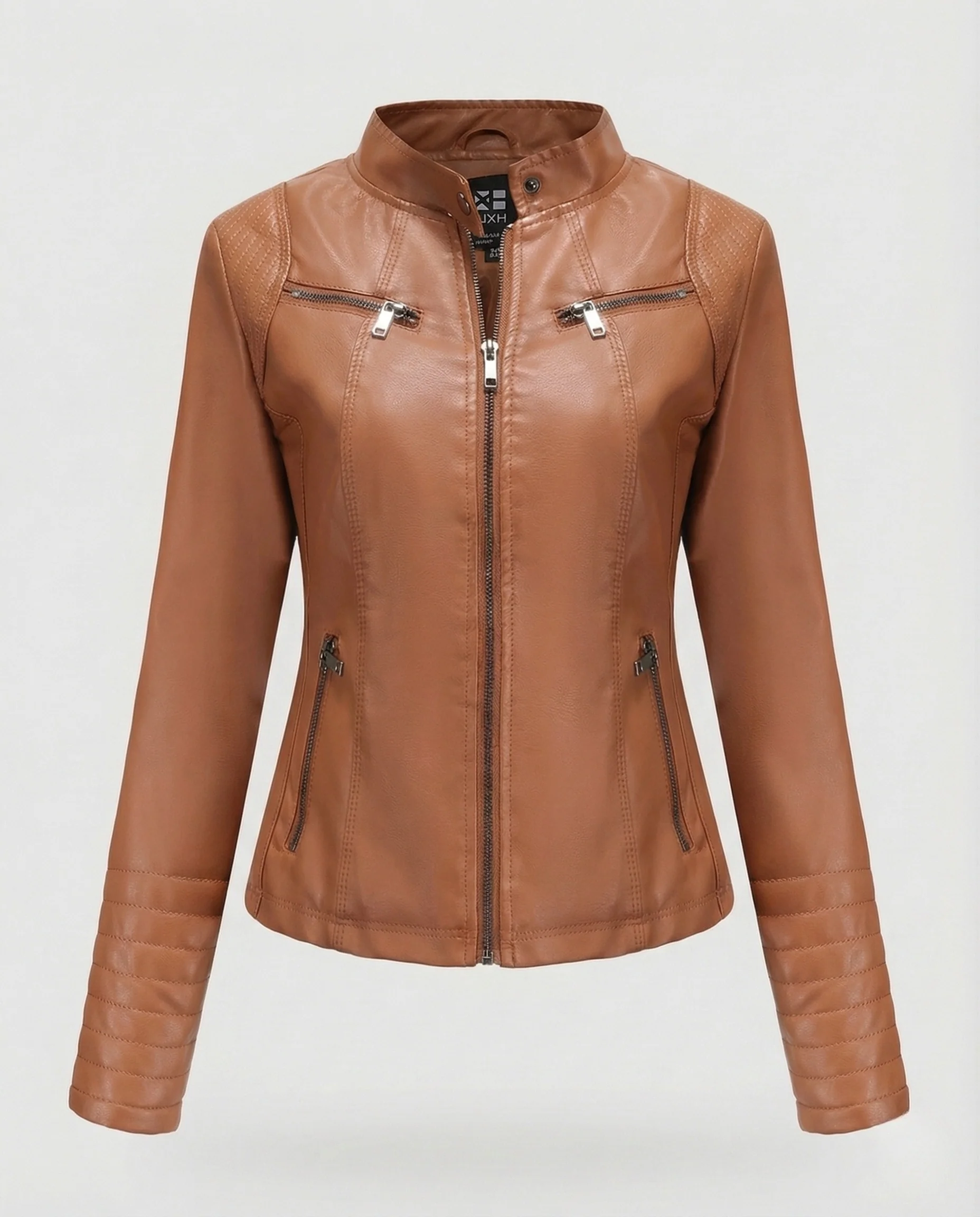 Damen Kunstleder Bikerjacke Tailliert Steppärmel Stehkragen - Image 6