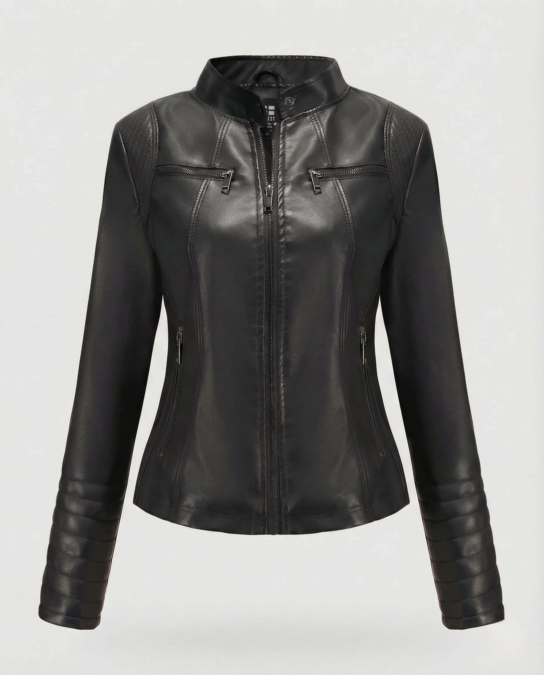 Damen Kunstleder Bikerjacke Tailliert Steppärmel Stehkragen - Image 7