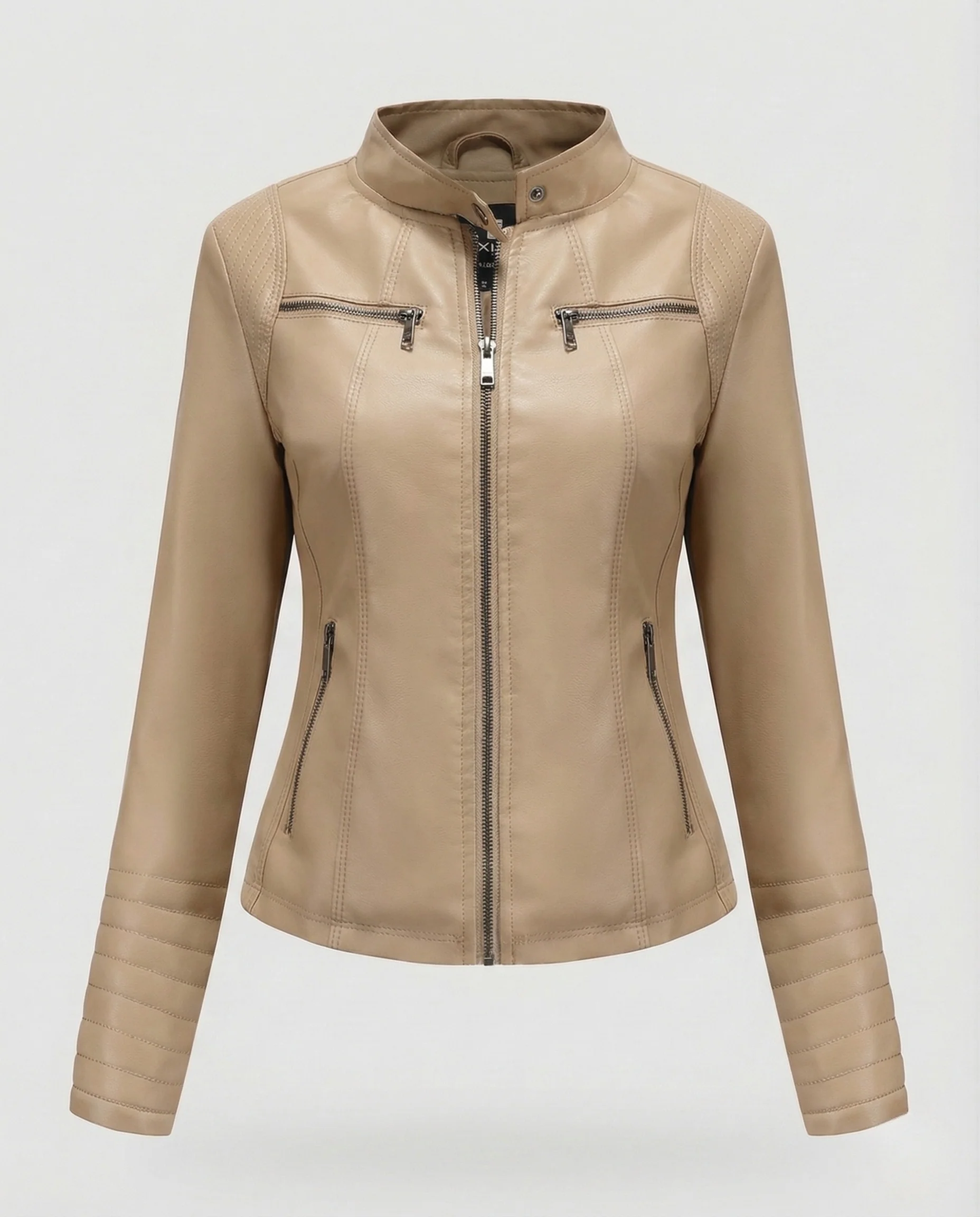 Damen Kunstleder Bikerjacke Tailliert Steppärmel Stehkragen - Image 9