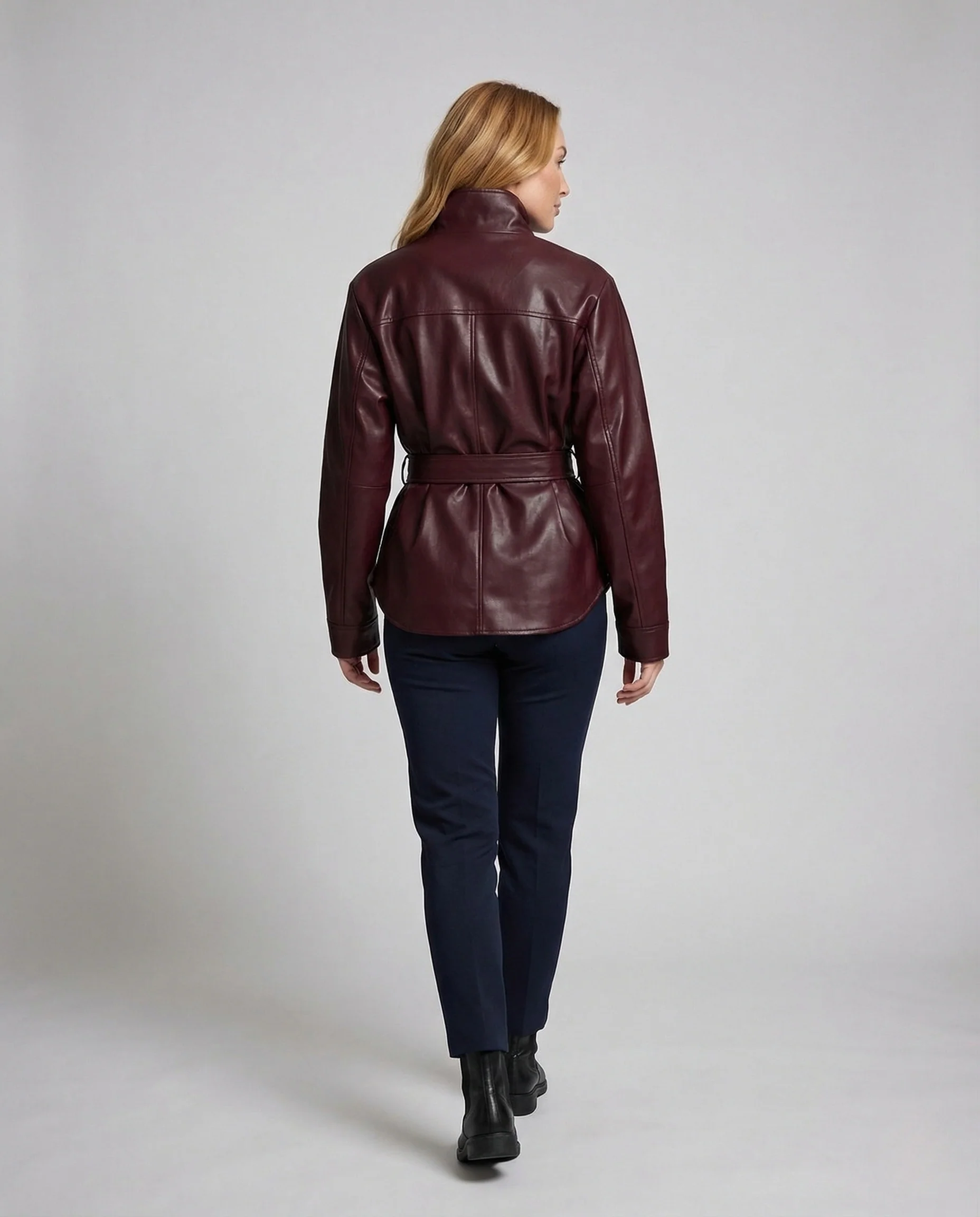 Damen Kunstlederjacke Stehkragen Gürtel - Image 4