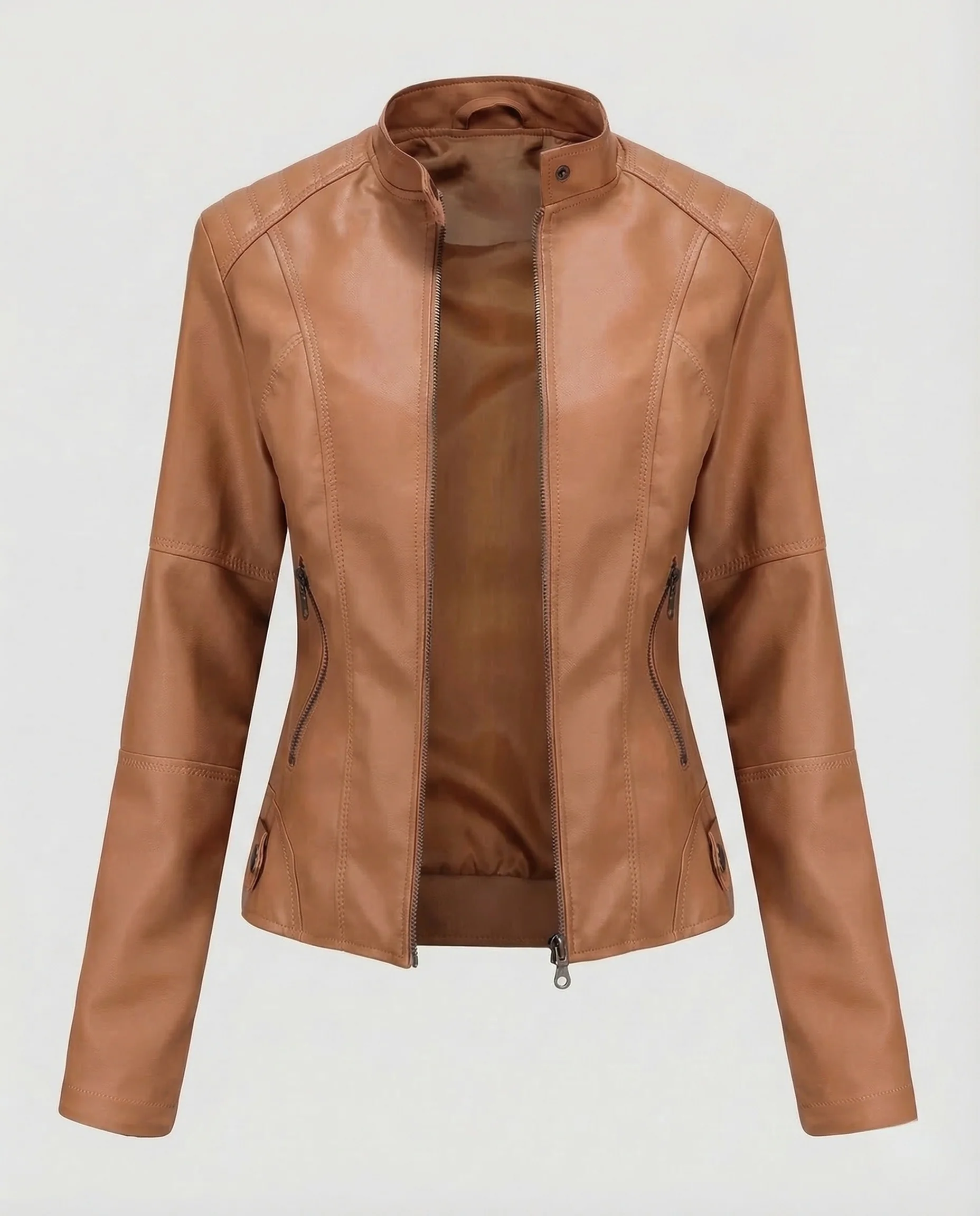 Damen Kunstlederjacke Tailliert Stehkragen - Image 10