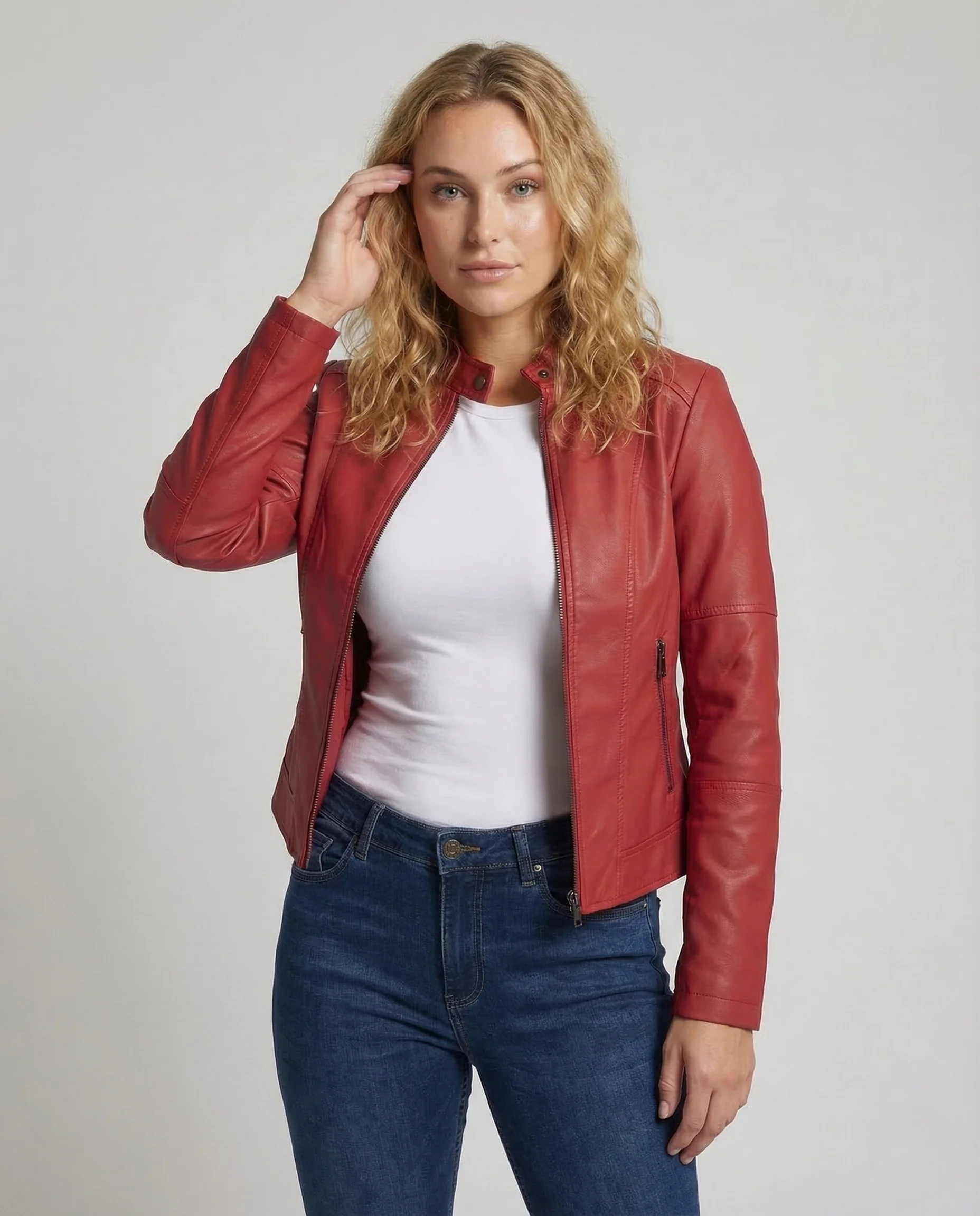 Damen Kunstlederjacke Tailliert Stehkragen - Image 2