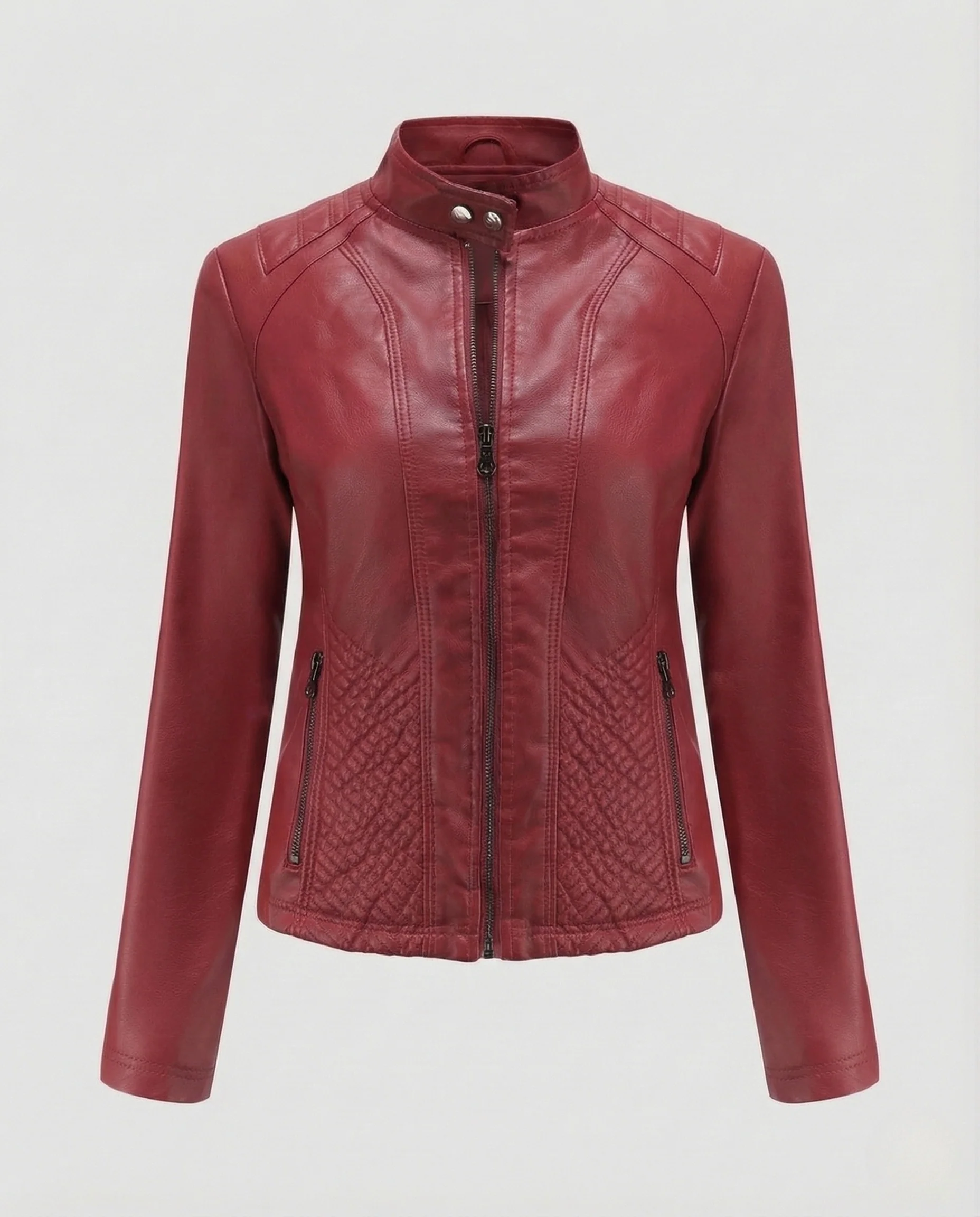 Damen Taillierte Kunstlederjacke mit Stehkragen und Gesteppter Taille - Image 6