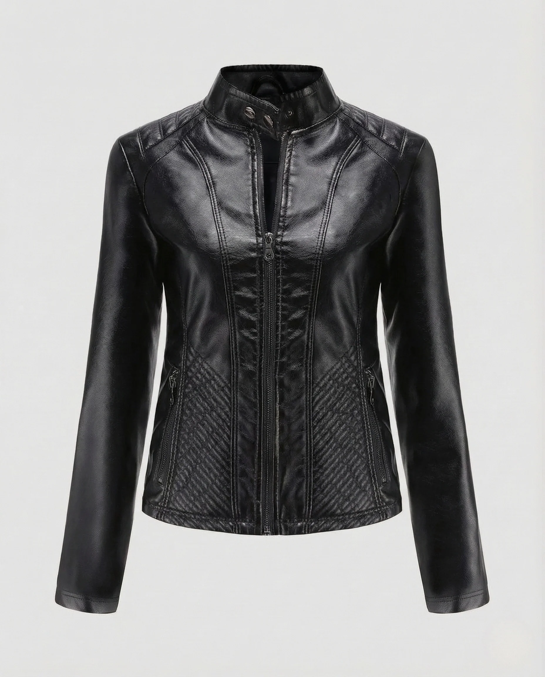 Damen Taillierte Kunstlederjacke mit Stehkragen und Gesteppter Taille - Image 7
