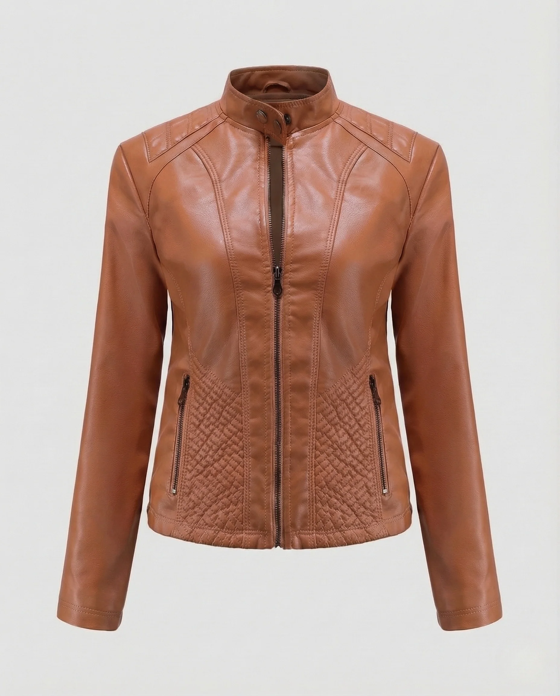 Damen Taillierte Kunstlederjacke mit Stehkragen und Gesteppter Taille - Image 9