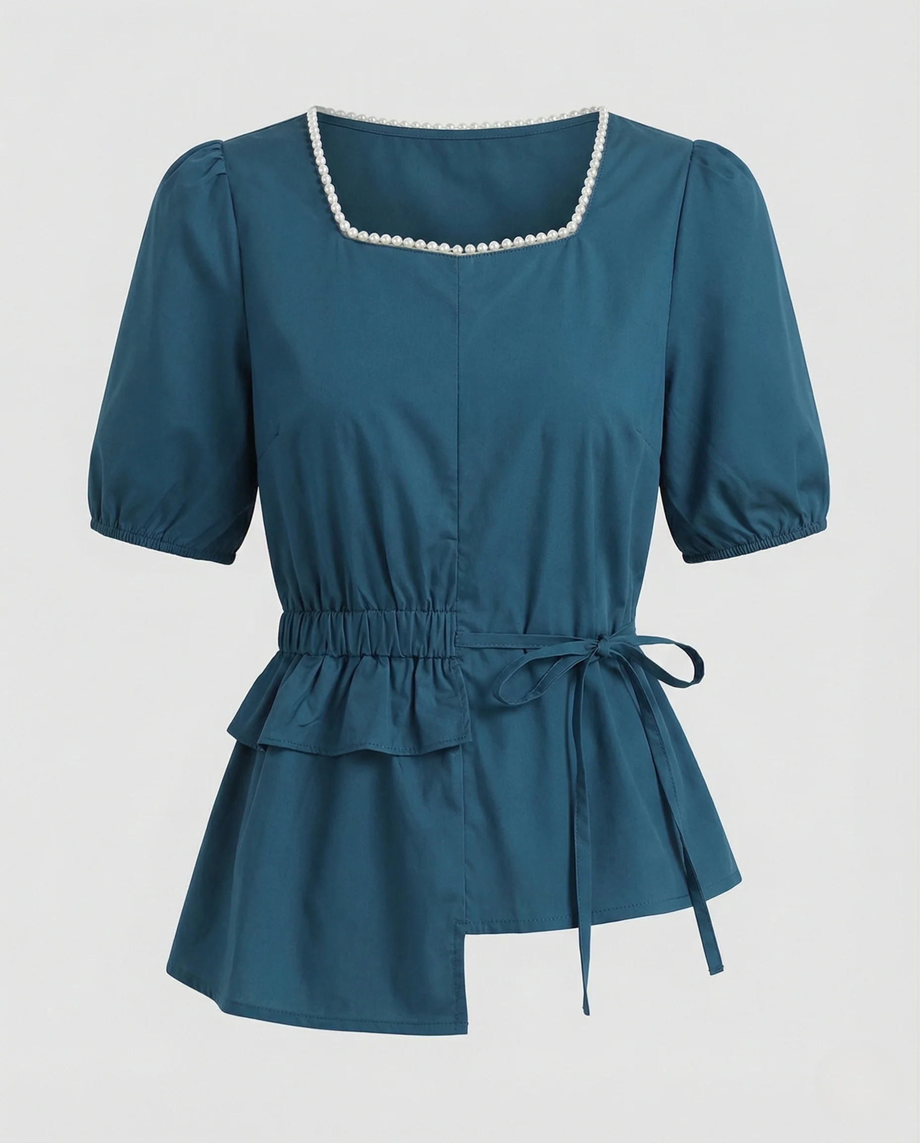 Damen Kurzarm Bluse mit Perlenkragen - Image 4
