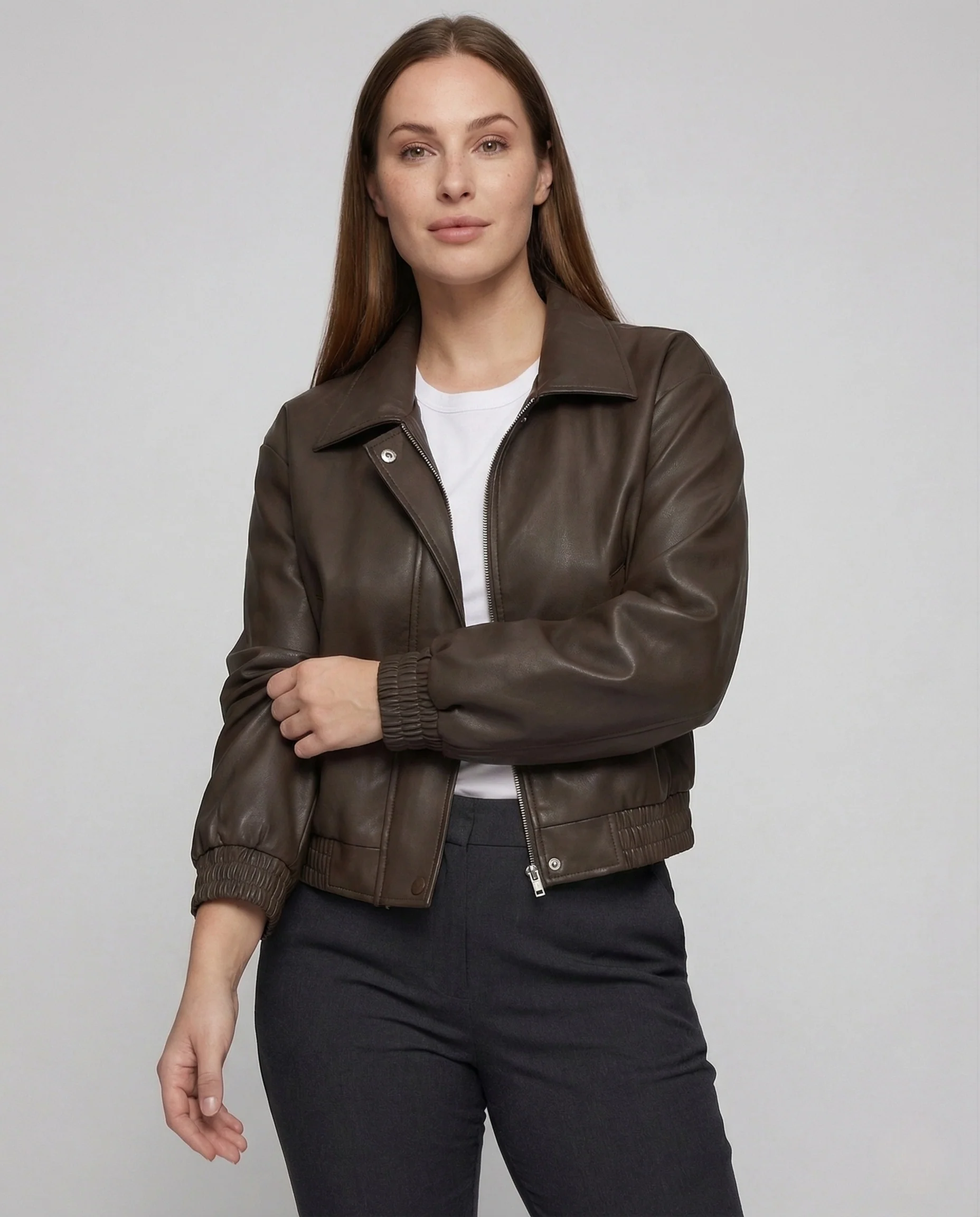 Damen Lederoptik Bomberjacke Ballonärmel - Image 2