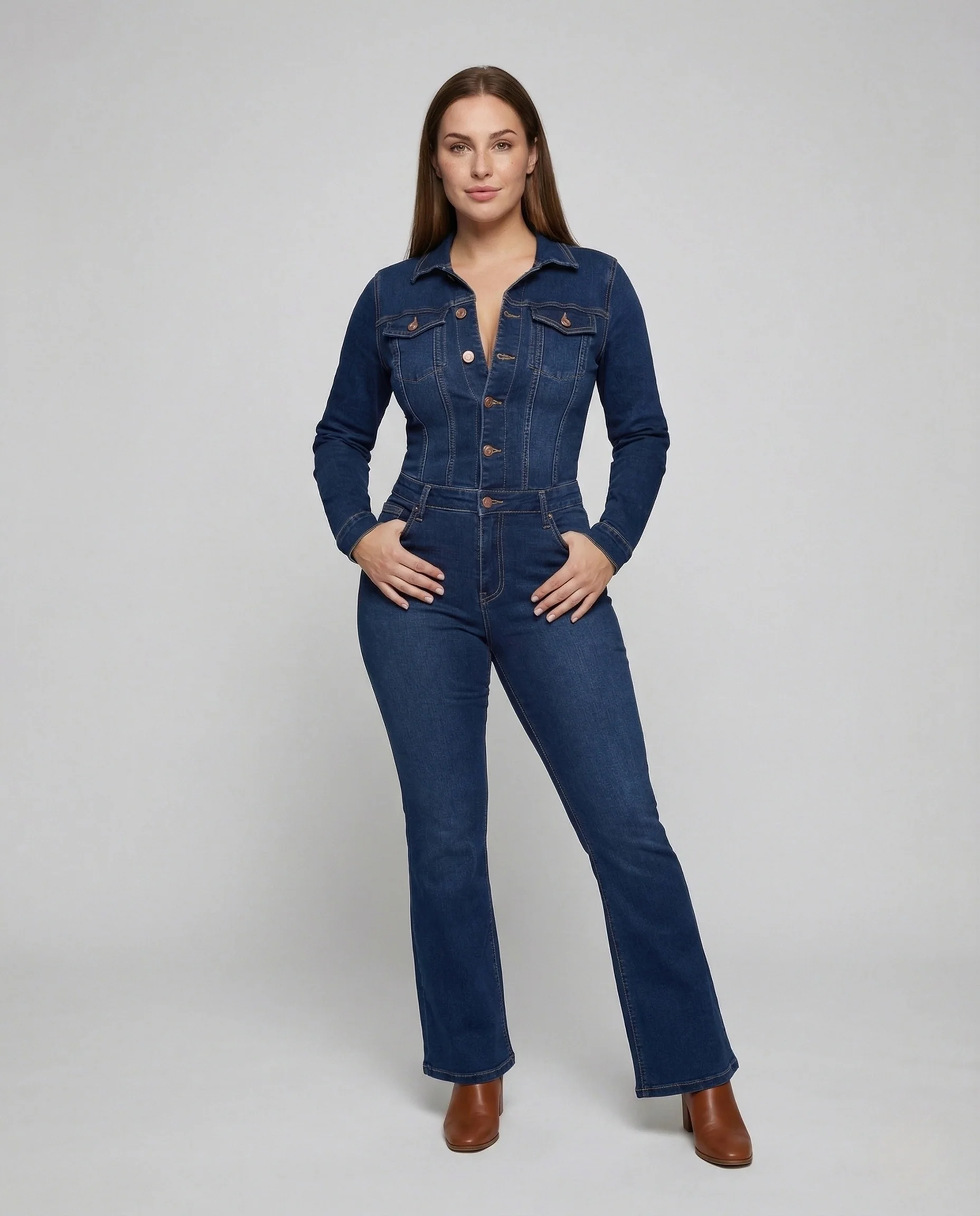 Damen Denim Overall Tailliert Hemdkragen Ausgestelltes Bein