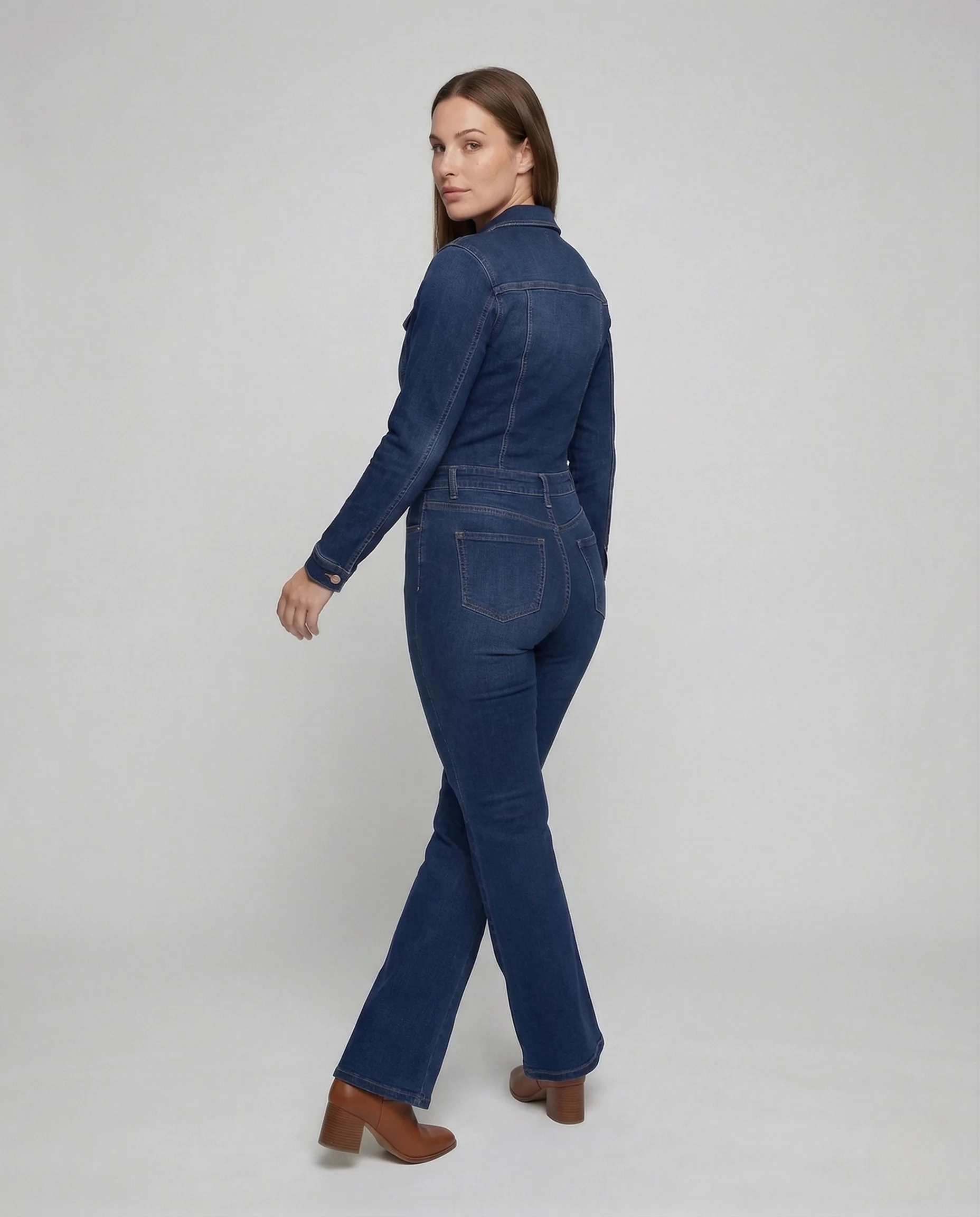 Damen Denim Overall Tailliert Hemdkragen Ausgestelltes Bein - Image 3