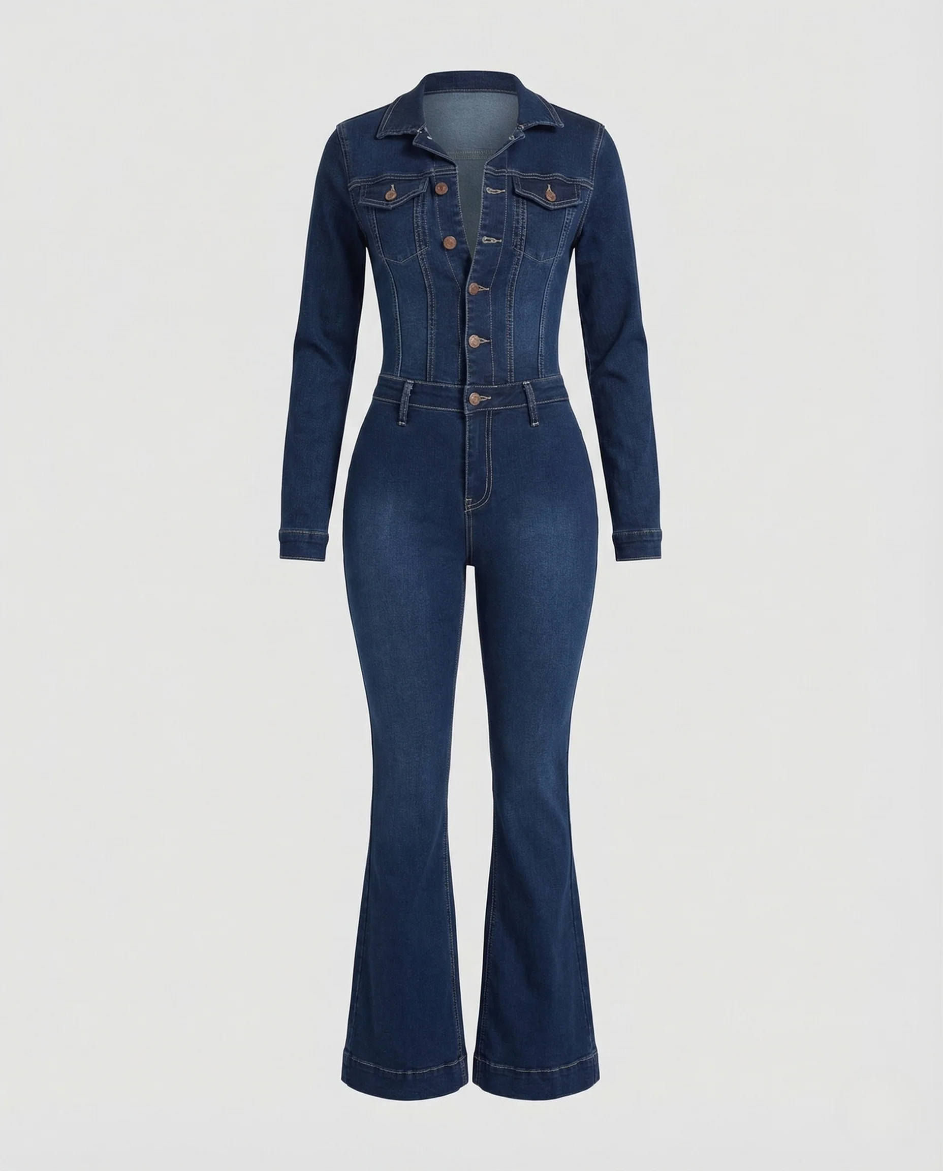Damen Denim Overall Tailliert Hemdkragen Ausgestelltes Bein - Image 4